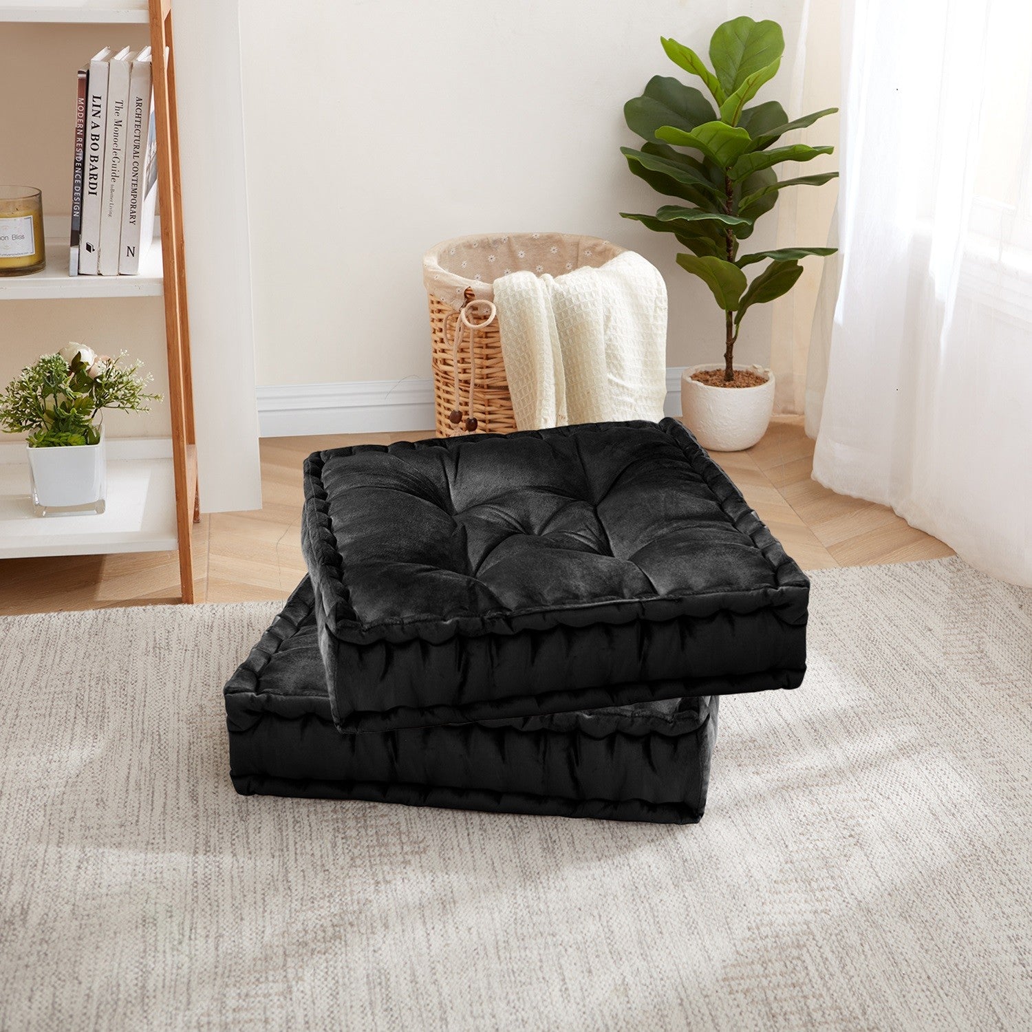 2-Pack, 20"x20" Oversized Square Tufted Floor Pillow in Faux Velvet Fabric