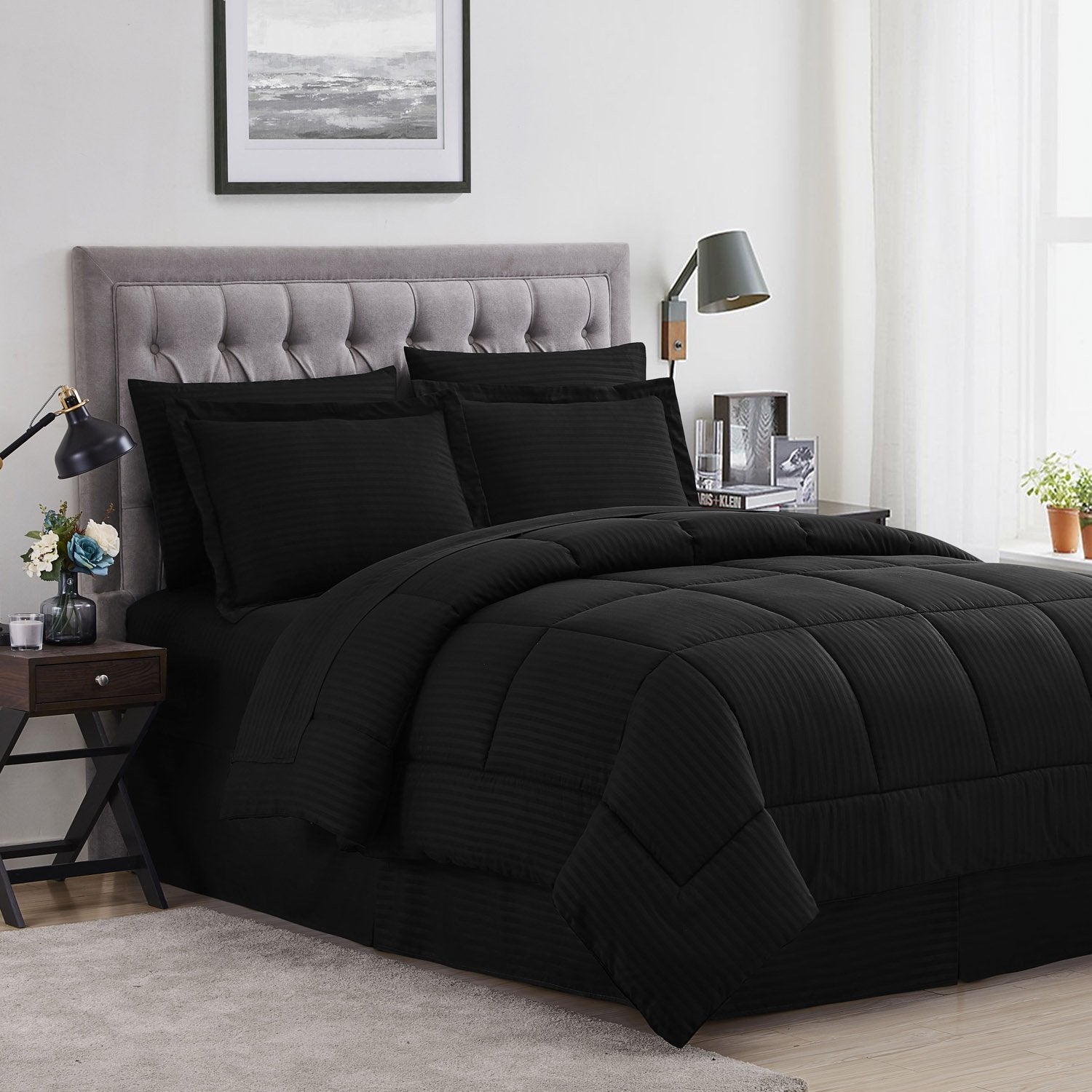 Dobby Stripe 8-Piece Bed In A Bag Comforter Set Black - Bed