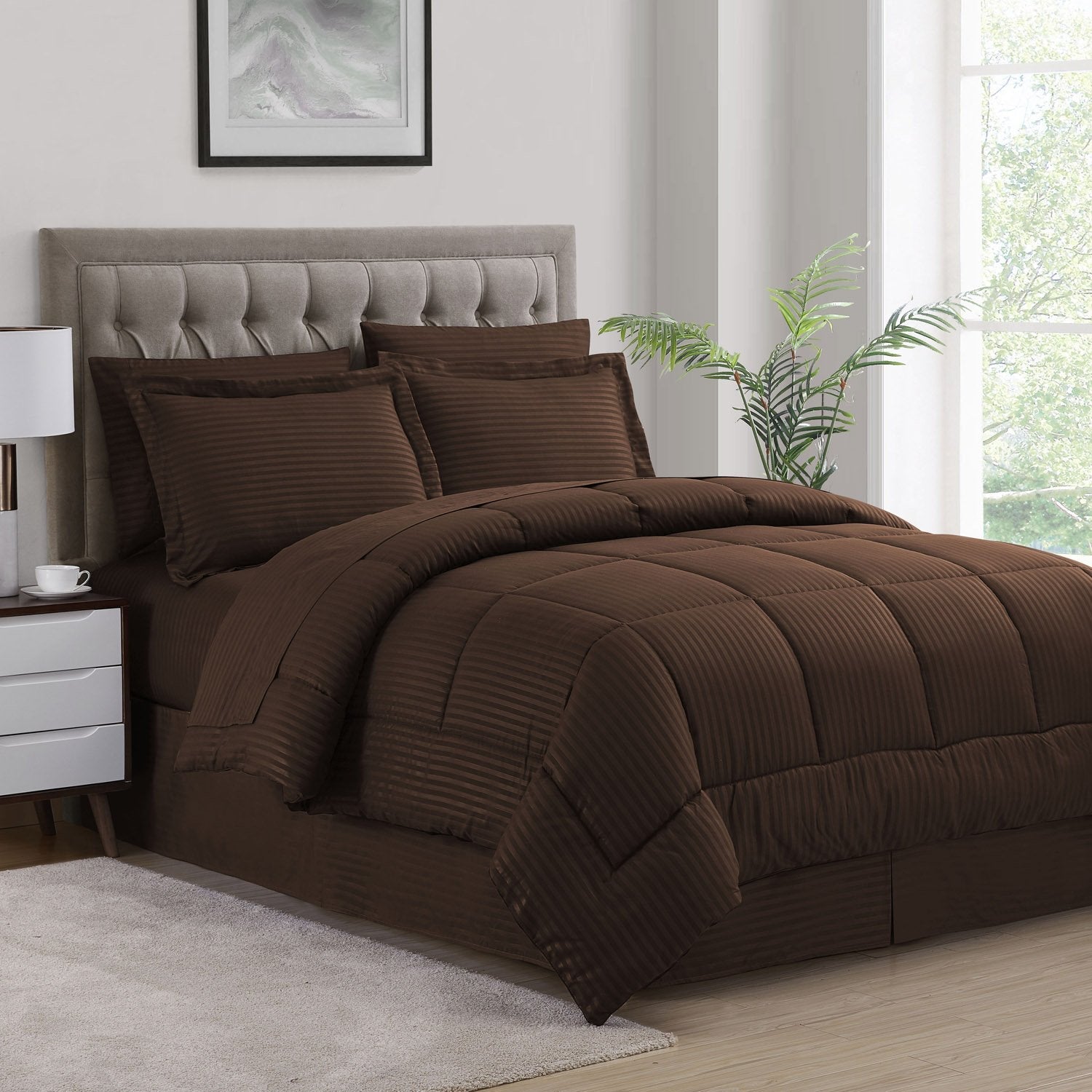 Dobby Stripe 8-Piece Bed In A Bag Comforter Set Chocolate - Bed