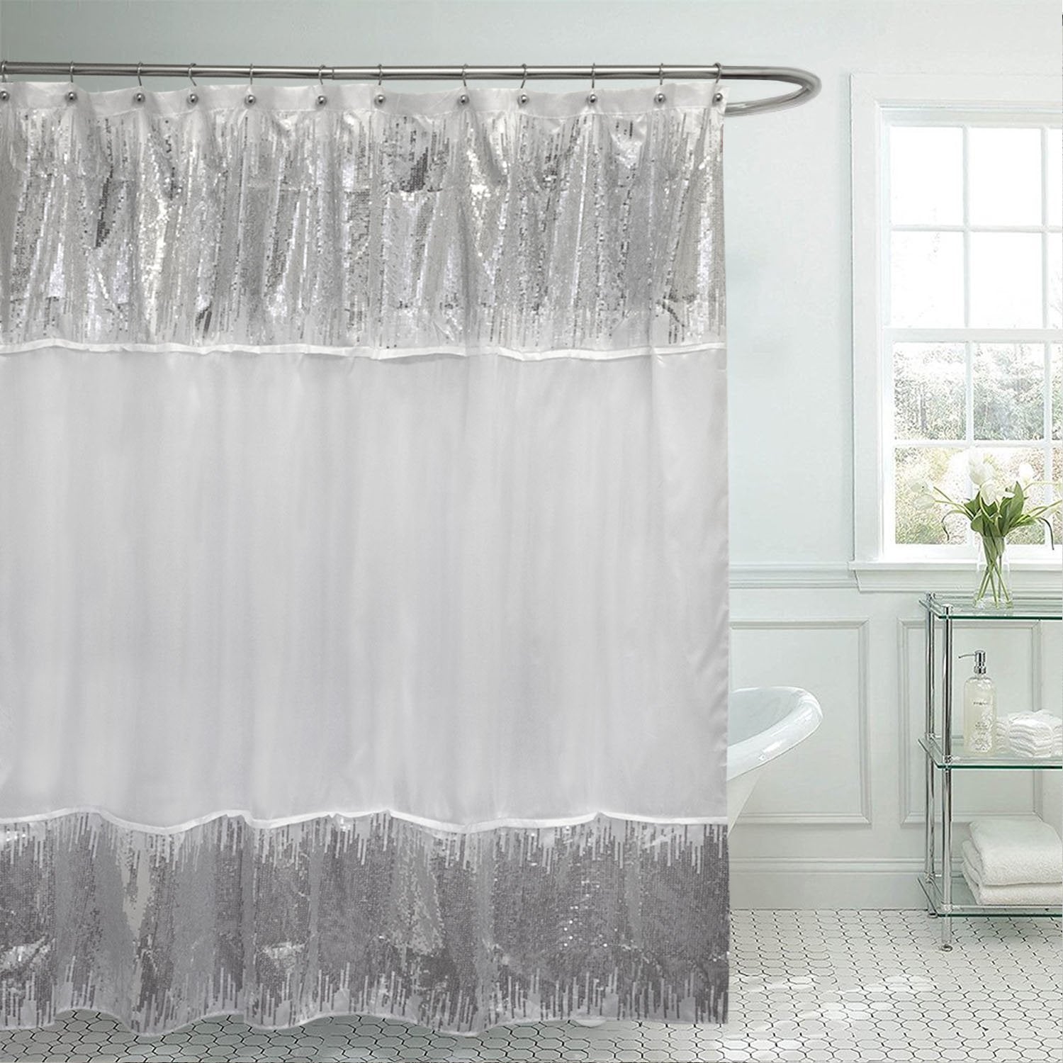 Silver Gray Grey Sequin Glam Shower Curtain Fabric Bathroom Hooks