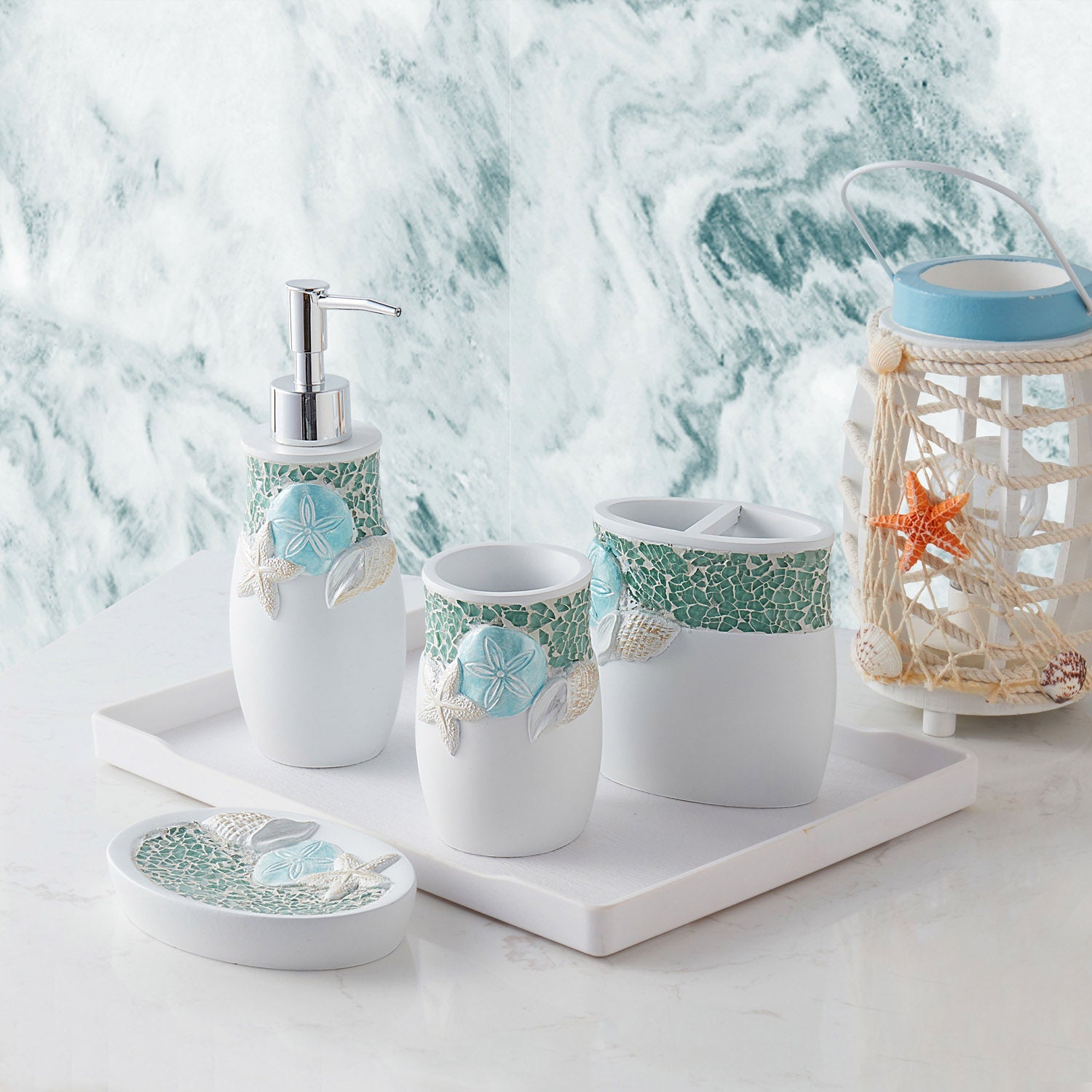 Coastal Sea Shells Ocean Bathroom Decor Toothbrush shops Lotion Soap Pump