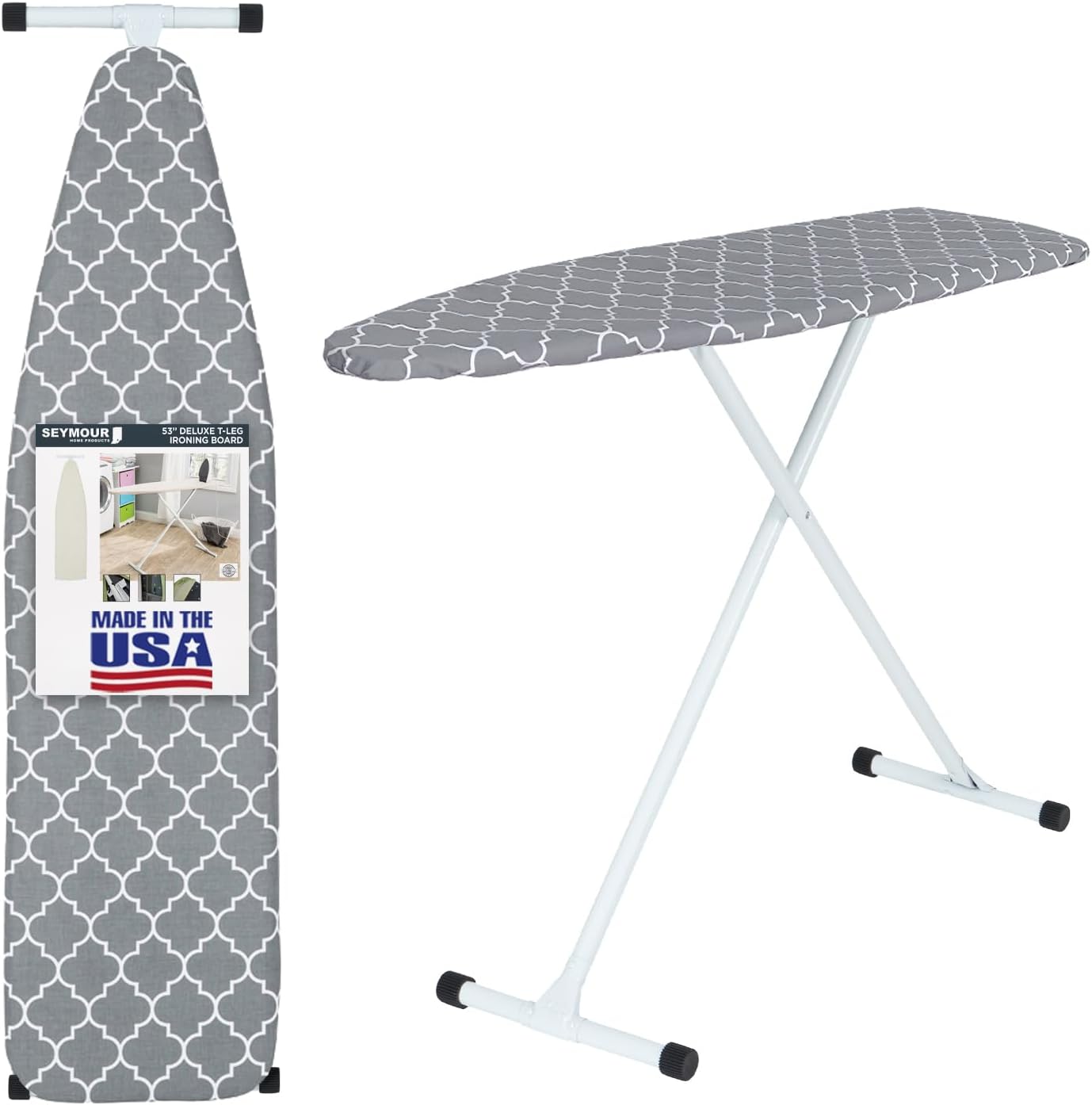 Full Size Ironing Board with Cover & Pad – USA-Made with Enhanced Grip Feet for Extra Stability – Adjustable Steel T-Legs 35" High – Perforated Top – Durable Iron Board for Home, Laundry Room, Lattice