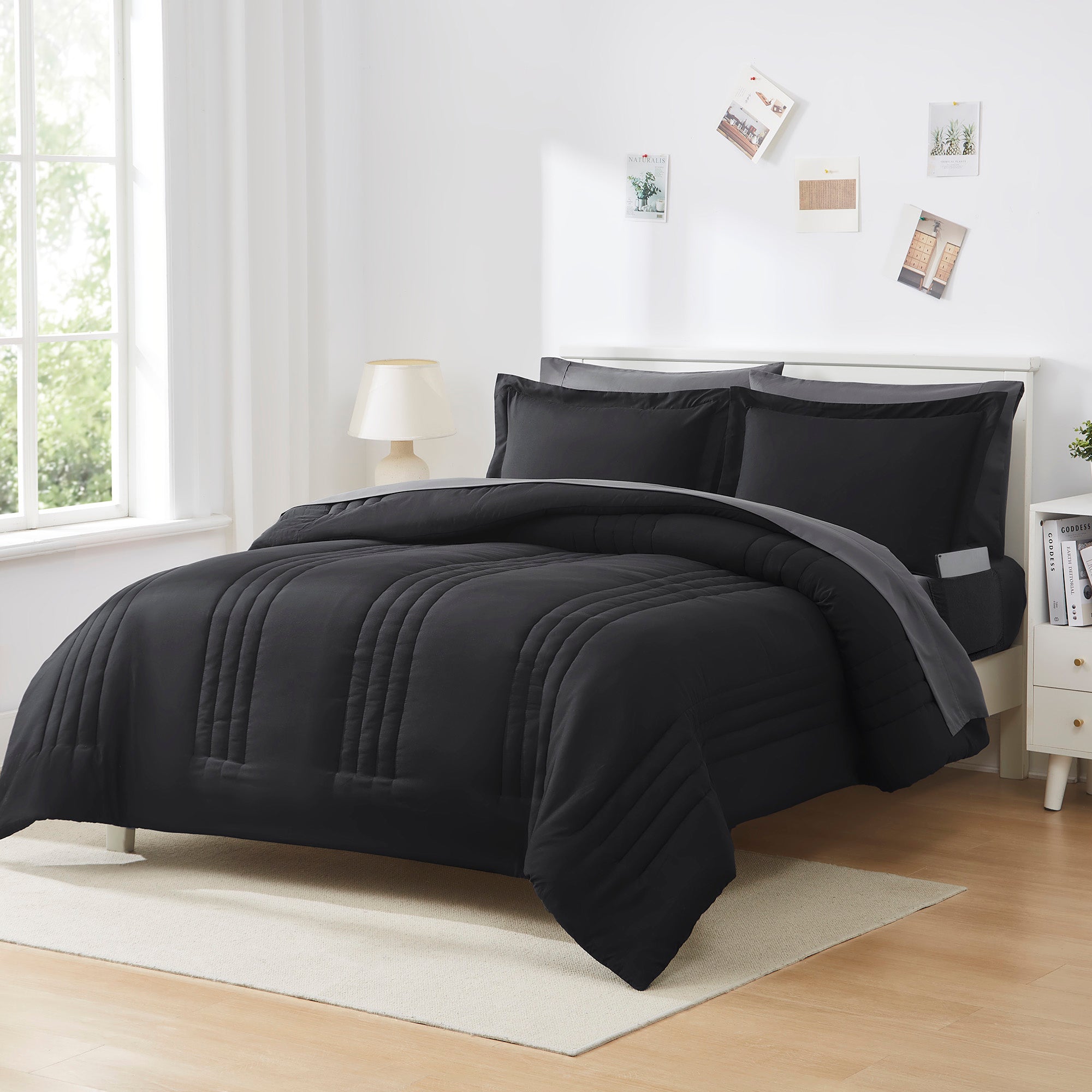 Queen Comforter Set Quilted Stripe Bedding Bundle ?– Comforter, Mattress Protector, Sheets with Pockets on the Side & Built-in Corner Strap ?– Fitted Sheet Media Pocket for Devices, Black/Charcoal