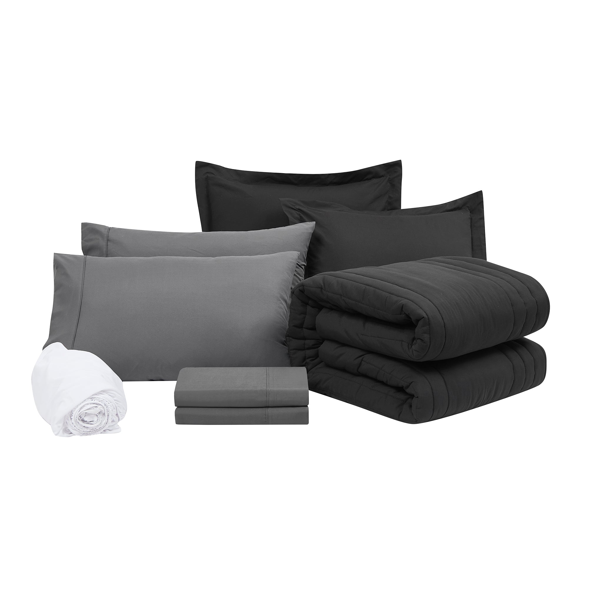Queen Comforter Set Quilted Stripe Bedding Bundle ?– Comforter, Mattress Protector, Sheets with Pockets on the Side & Built-in Corner Strap ?– Fitted Sheet Media Pocket for Devices, Black/Charcoal