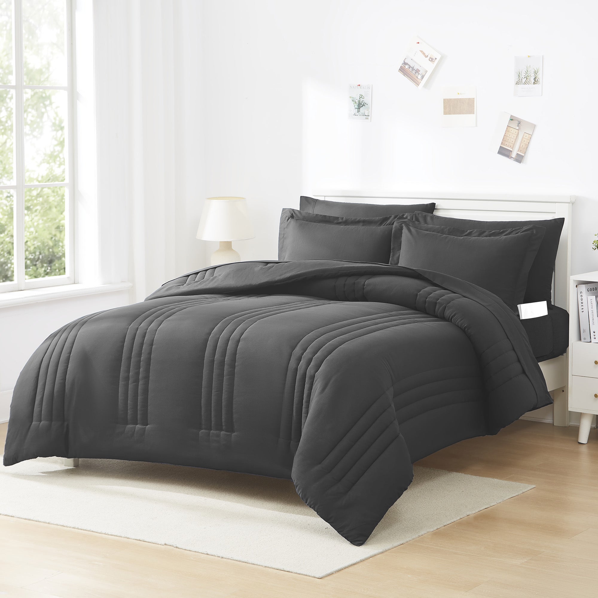Queen Comforter Set Quilted Stripe Bedding Bundle ?– Comforter, Mattress Protector, Sheets with Pockets on the Side & Built-in Corner Strap ?– Fitted Sheet Media Pocket for Devices, Black
