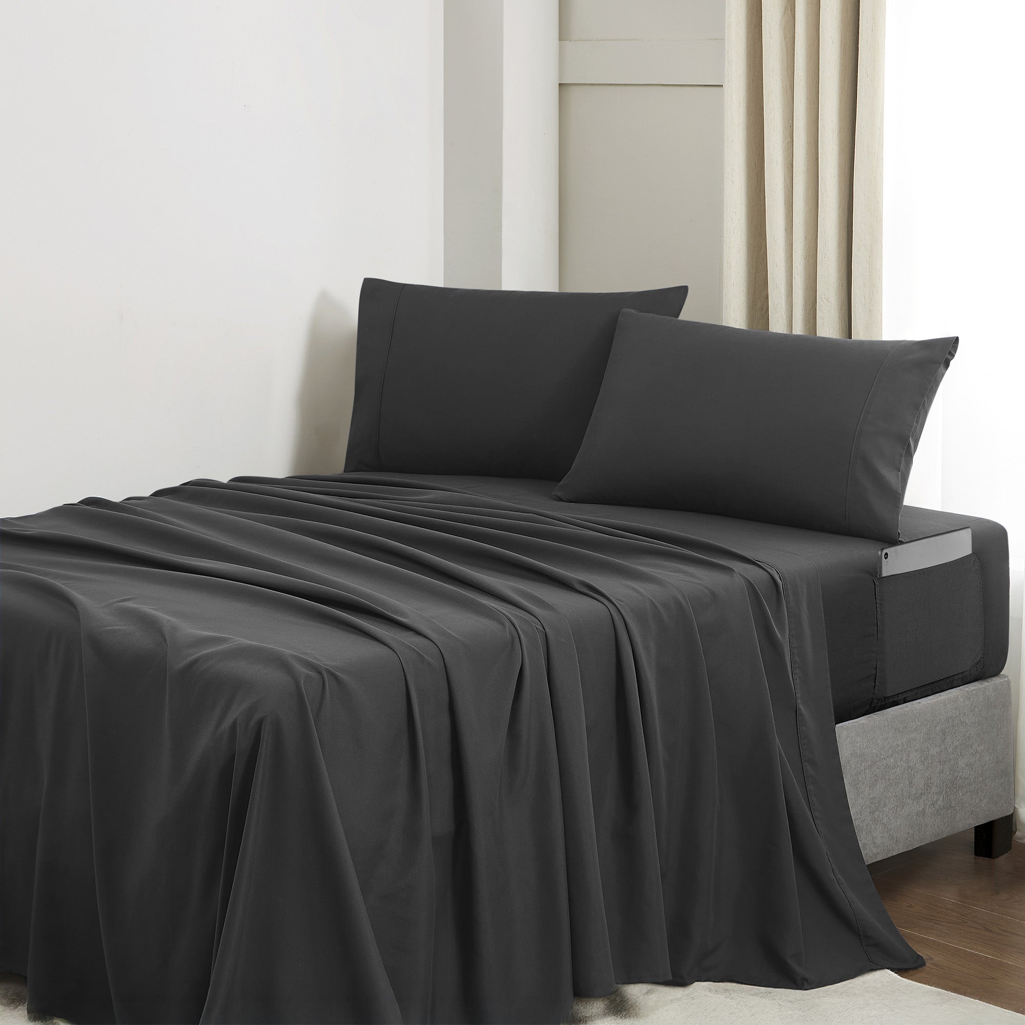Queen Comforter Set Quilted Stripe Bedding Bundle ?– Comforter, Mattress Protector, Sheets with Pockets on the Side & Built-in Corner Strap ?– Fitted Sheet Media Pocket for Devices, Black