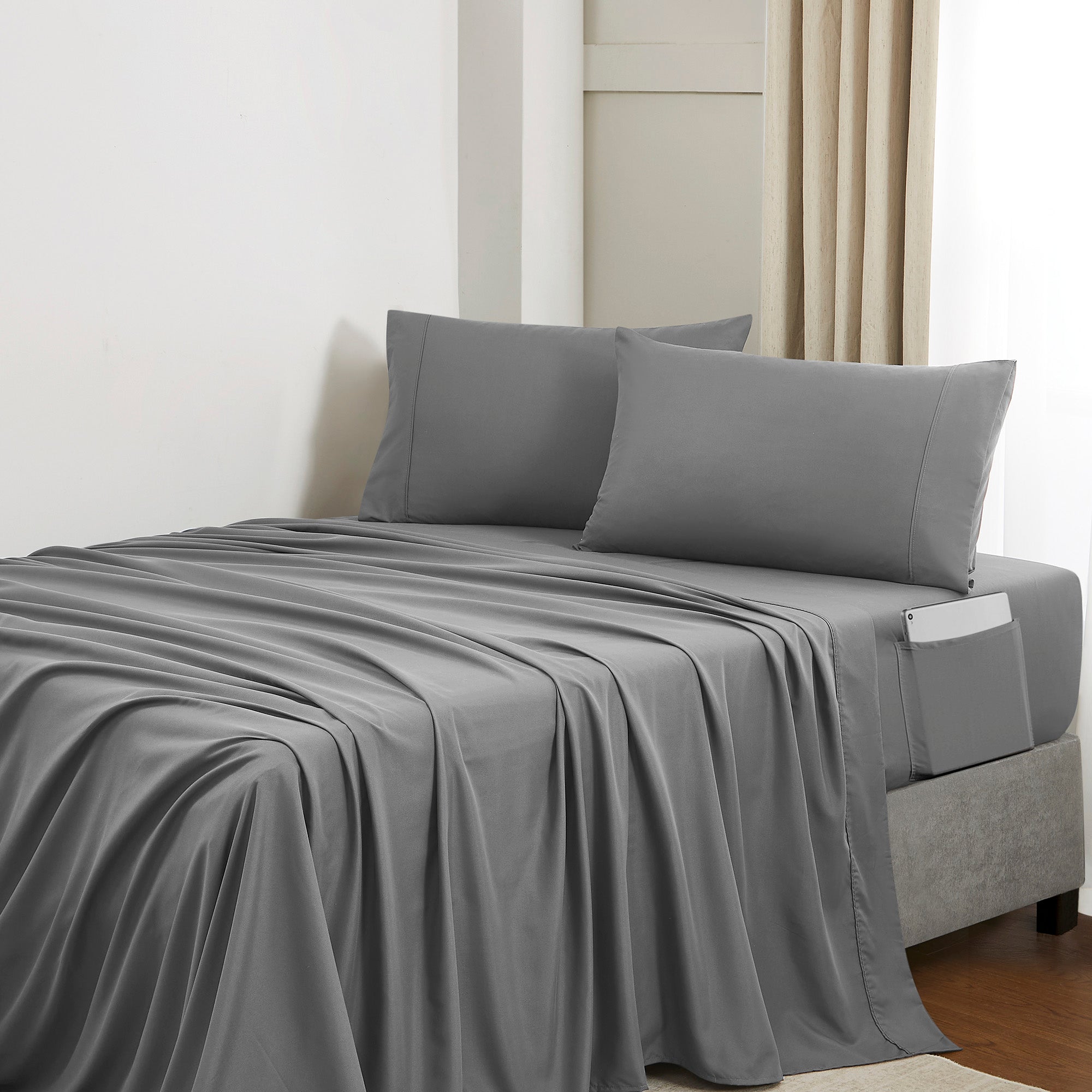 Queen Comforter Set Quilted Stripe Bedding Bundle ?– Comforter, Mattress Protector, Sheets with Pockets on the Side & Built-in Corner Strap ?– Fitted Sheet Media Pocket for Devices, Charcoal