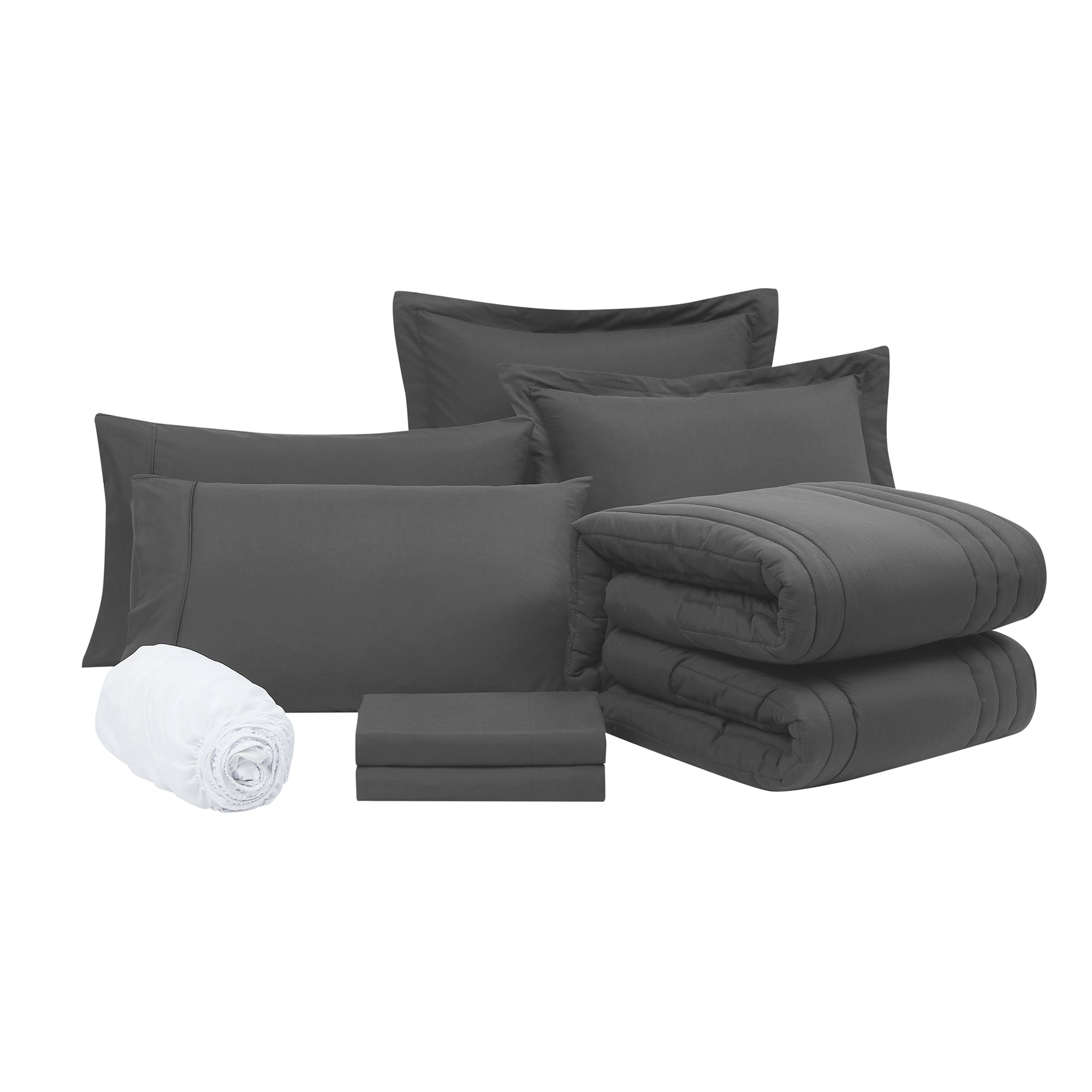 Queen Comforter Set Quilted Stripe Bedding Bundle ?– Comforter, Mattress Protector, Sheets with Pockets on the Side & Built-in Corner Strap ?– Fitted Sheet Media Pocket for Devices, Charcoal