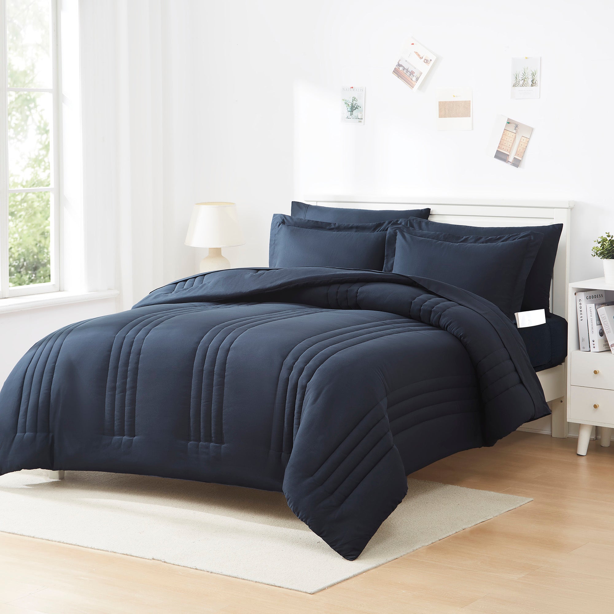 Queen Comforter Set Quilted Stripe Bedding Bundle – Comforter, Mattress Protector, Sheets with Pockets on the Side & Built-in Corner Strap – Fitted Sheet Media Pocket for Devices, Navy Blue