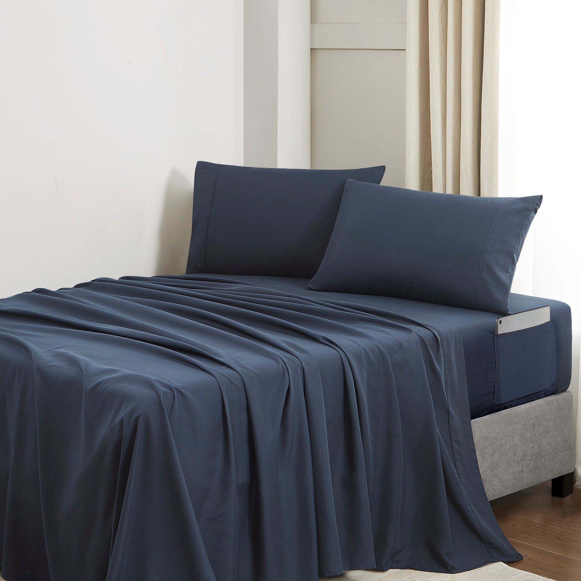 Queen Comforter Set Quilted Stripe Bedding Bundle – Comforter, Mattress Protector, Sheets with Pockets on the Side & Built-in Corner Strap – Fitted Sheet Media Pocket for Devices, Navy Blue