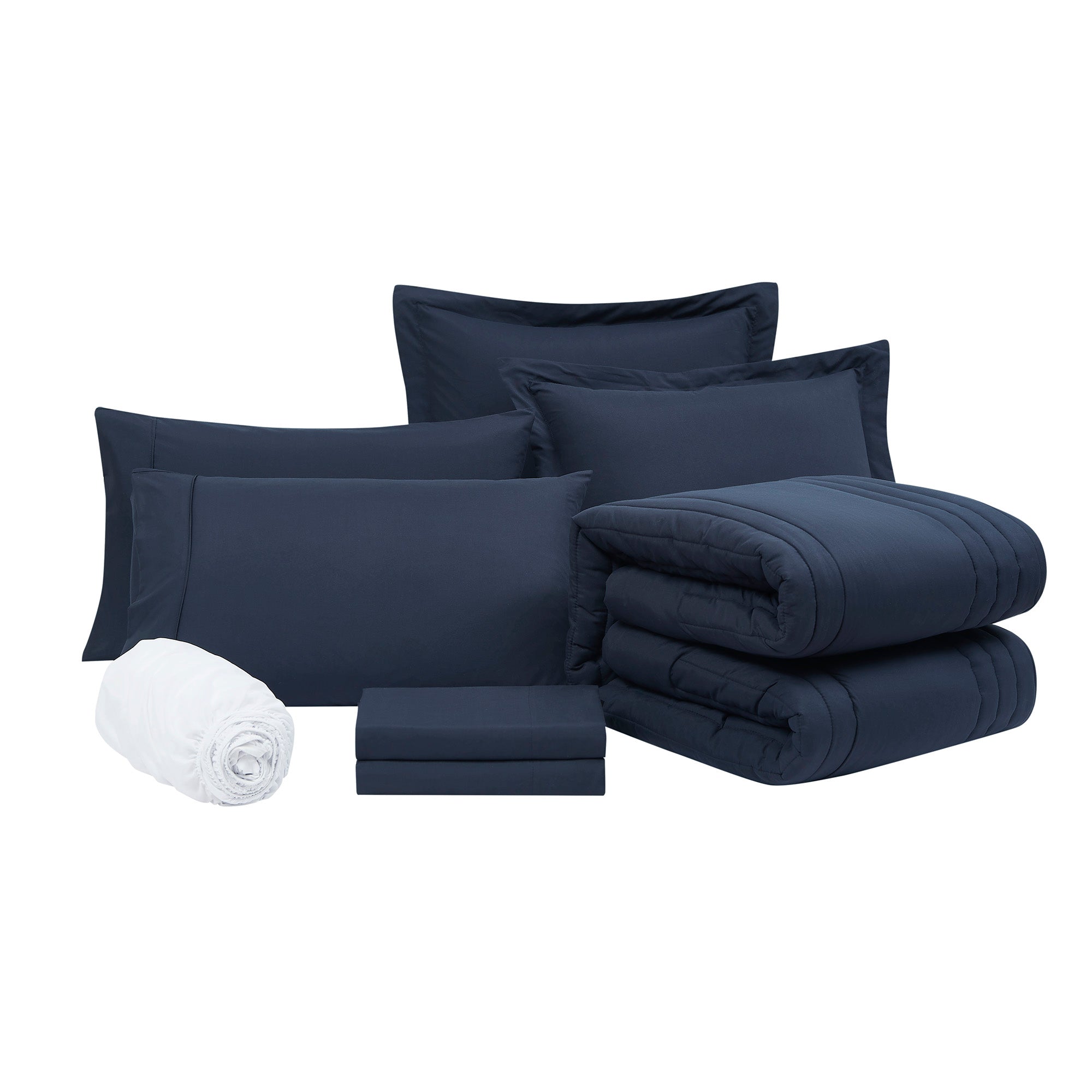 Queen Comforter Set Quilted Stripe Bedding Bundle – Comforter, Mattress Protector, Sheets with Pockets on the Side & Built-in Corner Strap – Fitted Sheet Media Pocket for Devices, Navy Blue