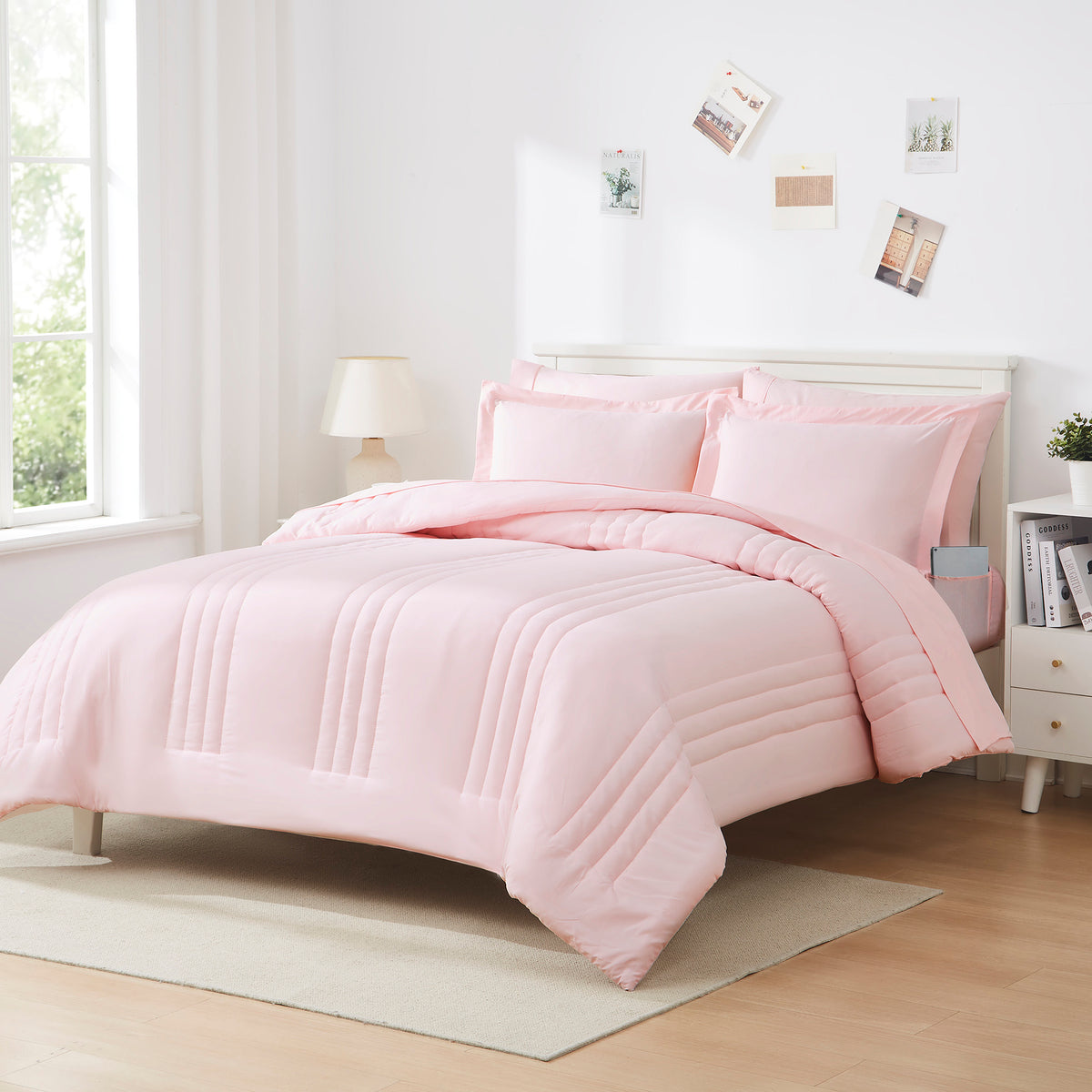 Queen Comforter Set Quilted Stripe Bedding Bundle ?– Comforter, Mattress Protector, Sheets with Pockets on the Side & Built-in Corner Strap ?– Fitted Sheet Media Pocket for Devices, Pale Pink