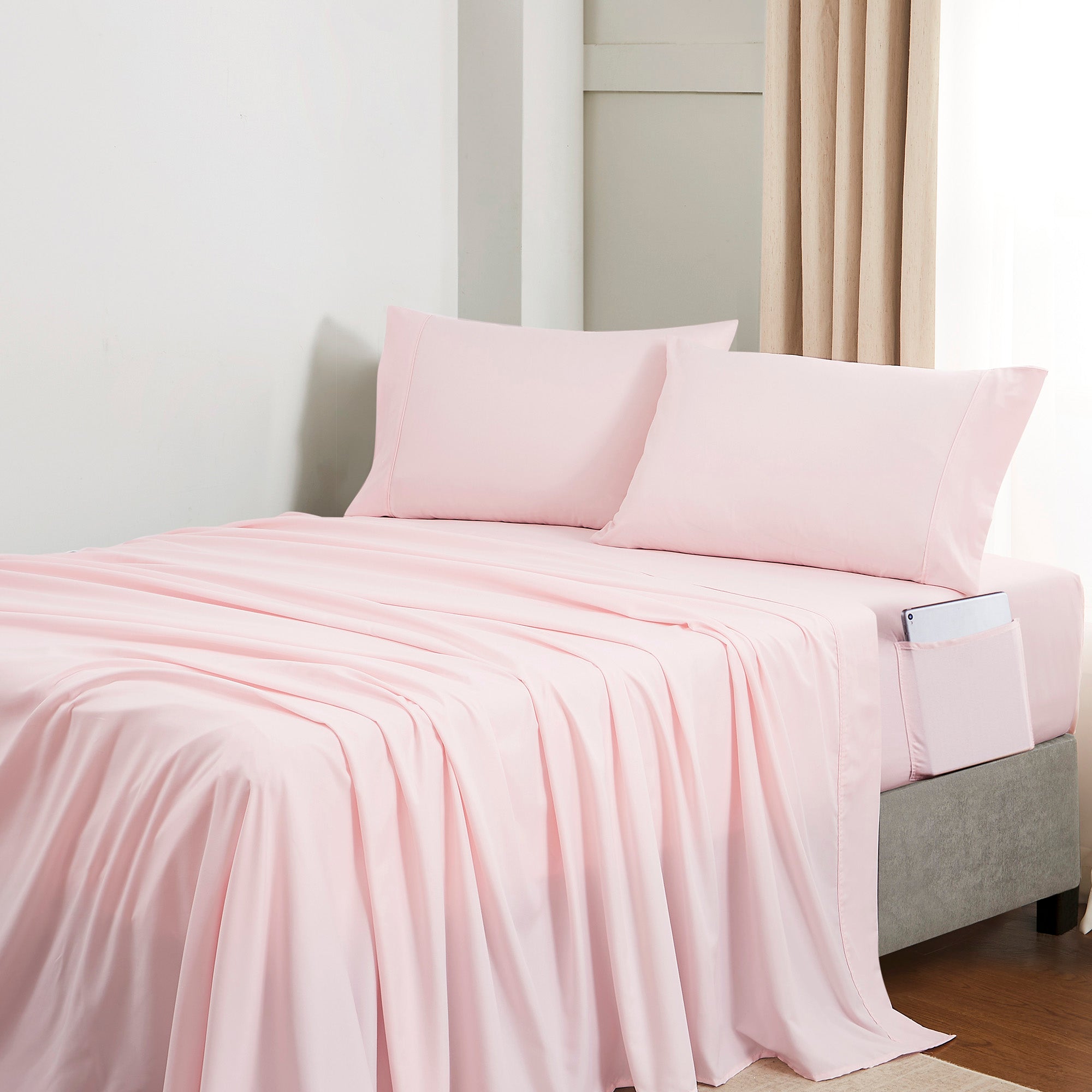 Queen Comforter Set Quilted Stripe Bedding Bundle ?– Comforter, Mattress Protector, Sheets with Pockets on the Side & Built-in Corner Strap ?– Fitted Sheet Media Pocket for Devices, Pale Pink