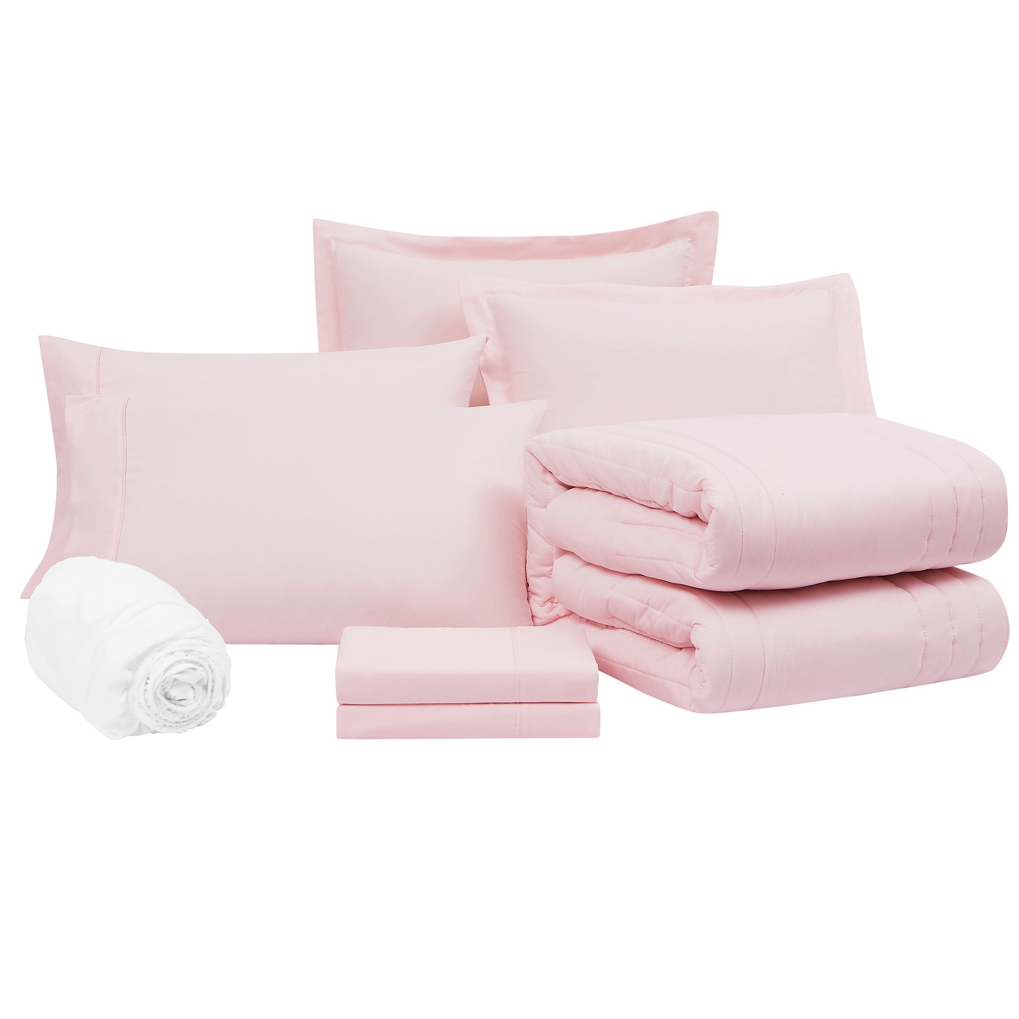 Queen Comforter Set Quilted Stripe Bedding Bundle ?– Comforter, Mattress Protector, Sheets with Pockets on the Side & Built-in Corner Strap ?– Fitted Sheet Media Pocket for Devices, Pale Pink