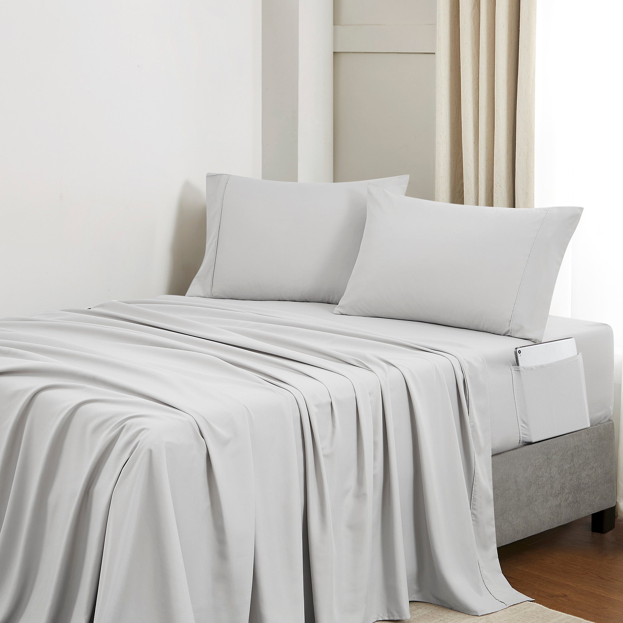 Queen Comforter Set Quilted Stripe Bedding Bundle ?– Comforter, Mattress Protector, Sheets with Pockets on the Side & Built-in Corner Strap ?– Fitted Sheet Media Pocket for Devices, Gray/Silver