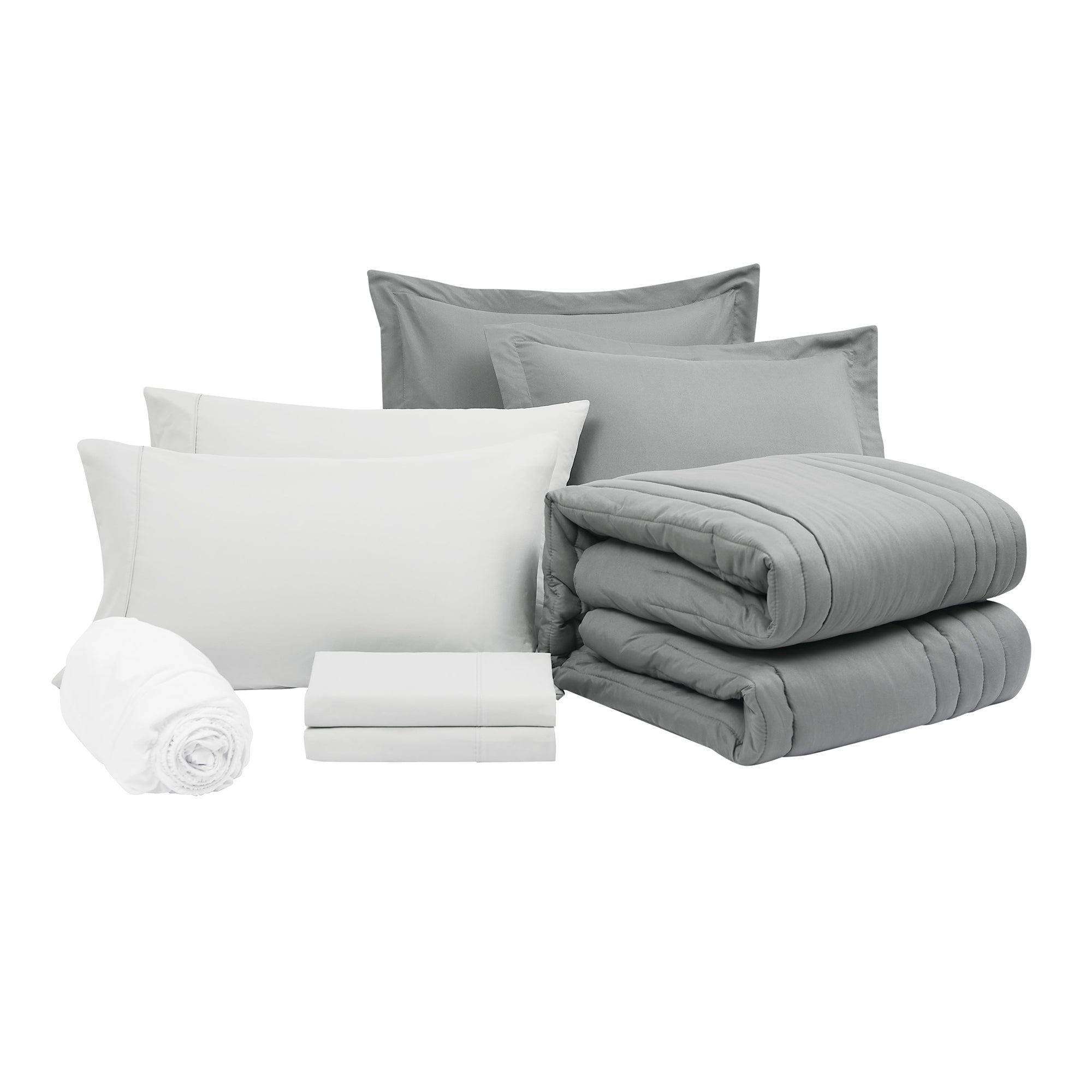 Queen Comforter Set Quilted Stripe Bedding Bundle ?– Comforter, Mattress Protector, Sheets with Pockets on the Side & Built-in Corner Strap ?– Fitted Sheet Media Pocket for Devices, Gray/Silver