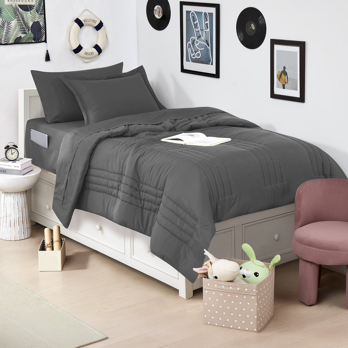 Twin Size Comforter Set Quilted Stripe Bedding Bundle ?– Comforter, Mattress Protector, Sheets with Pockets on the Side & Built-in Corner Strap ?– Fitted Sheet Media Pocket for Devices, Charcoal