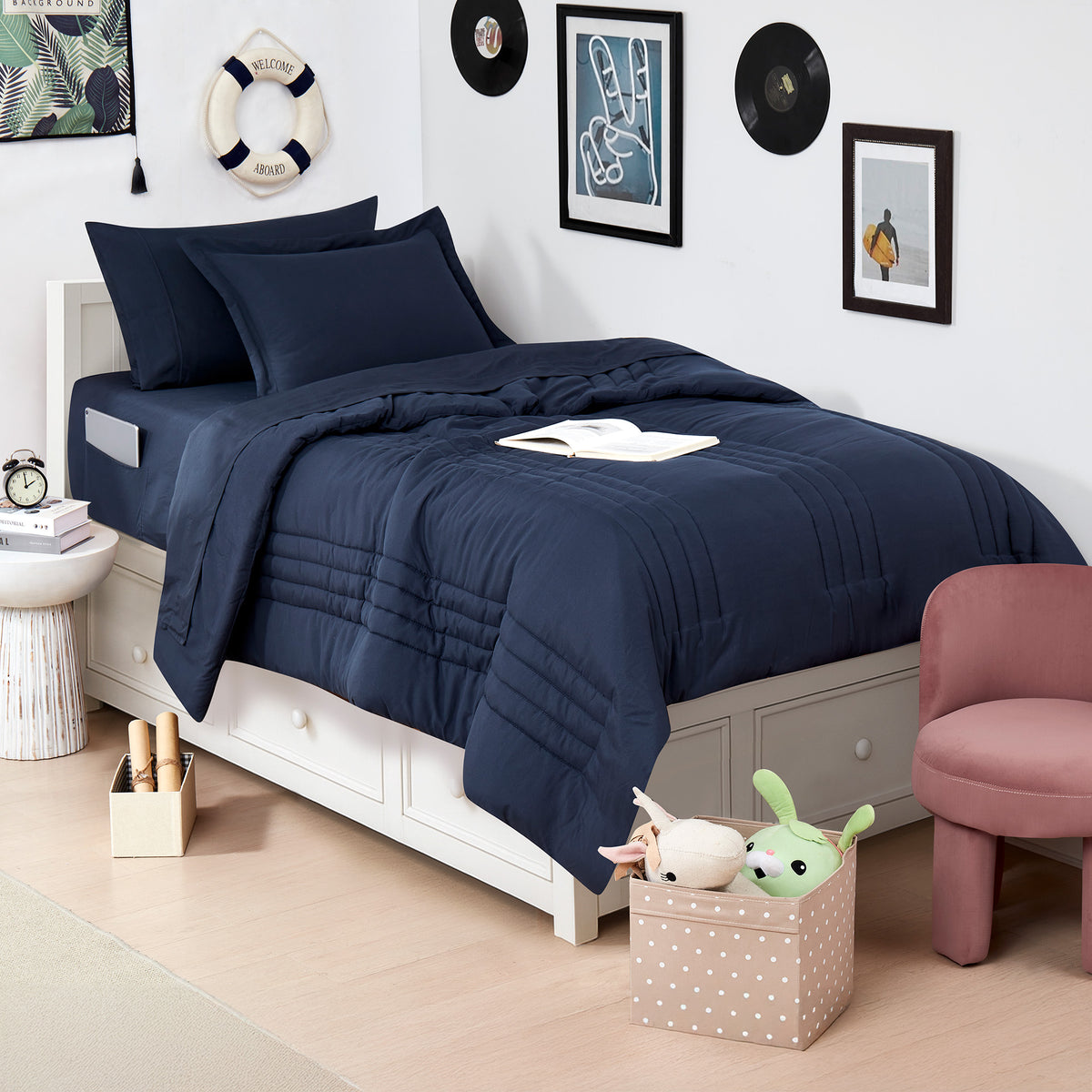 Twin Size Comforter Set Quilted Stripe Bedding Bundle ?– Comforter, Mattress Protector, Sheets with Pockets on the Side & Built-in Corner Strap ?– Fitted Sheet Media Pocket for Devices, Navy Blue