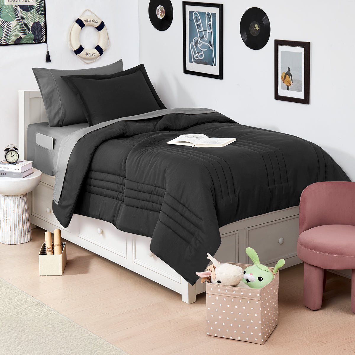 Dorm Room Essentials Twin XL Comforter Set Bedding ?– Bundle with Comforter, Mattress Protector & Sheets with Pockets on the Side & Built-in Corner Strap ?– Media Pocket for Devices