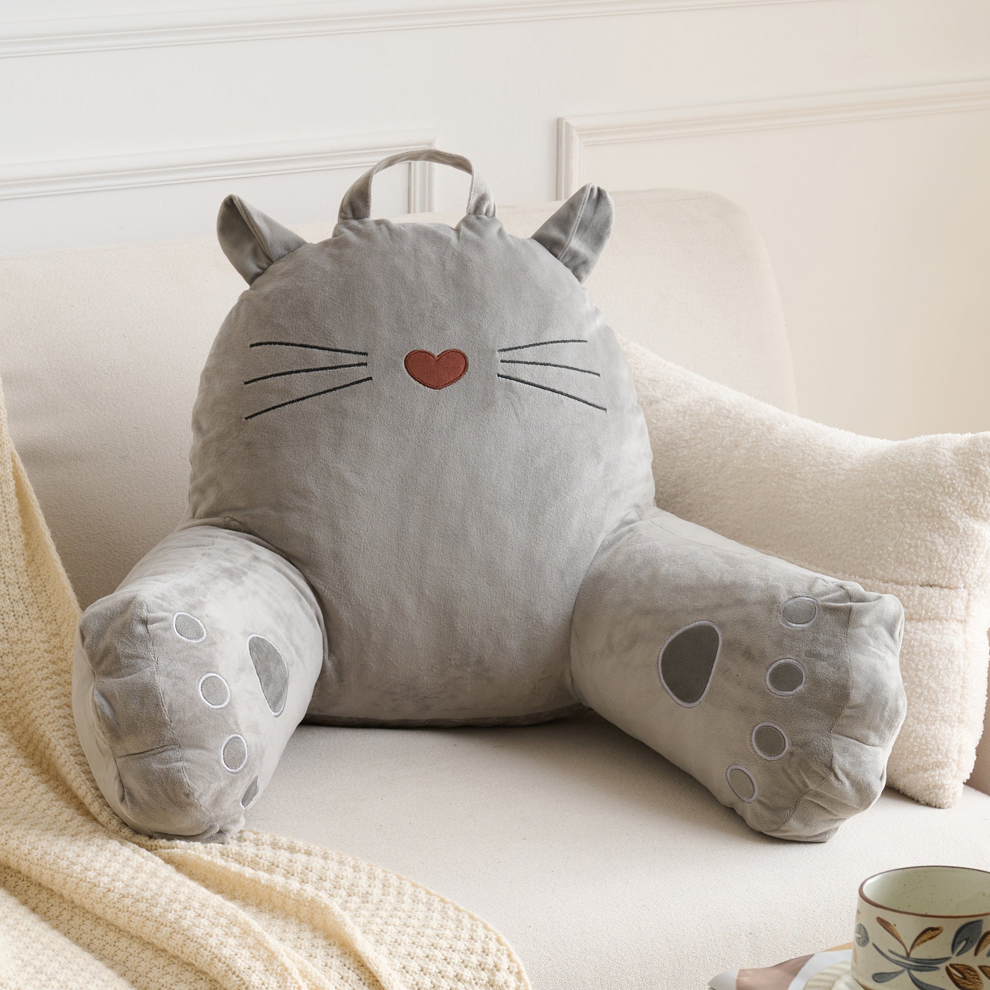 Kitty Cat Reading Pillow for Kids & Teens with Shredded Memory Foam – Soft Velvet Lounger with Fun Character Designs, Removable Washable Cover & Built-in Handle for Reading, Relaxing & Screen Time