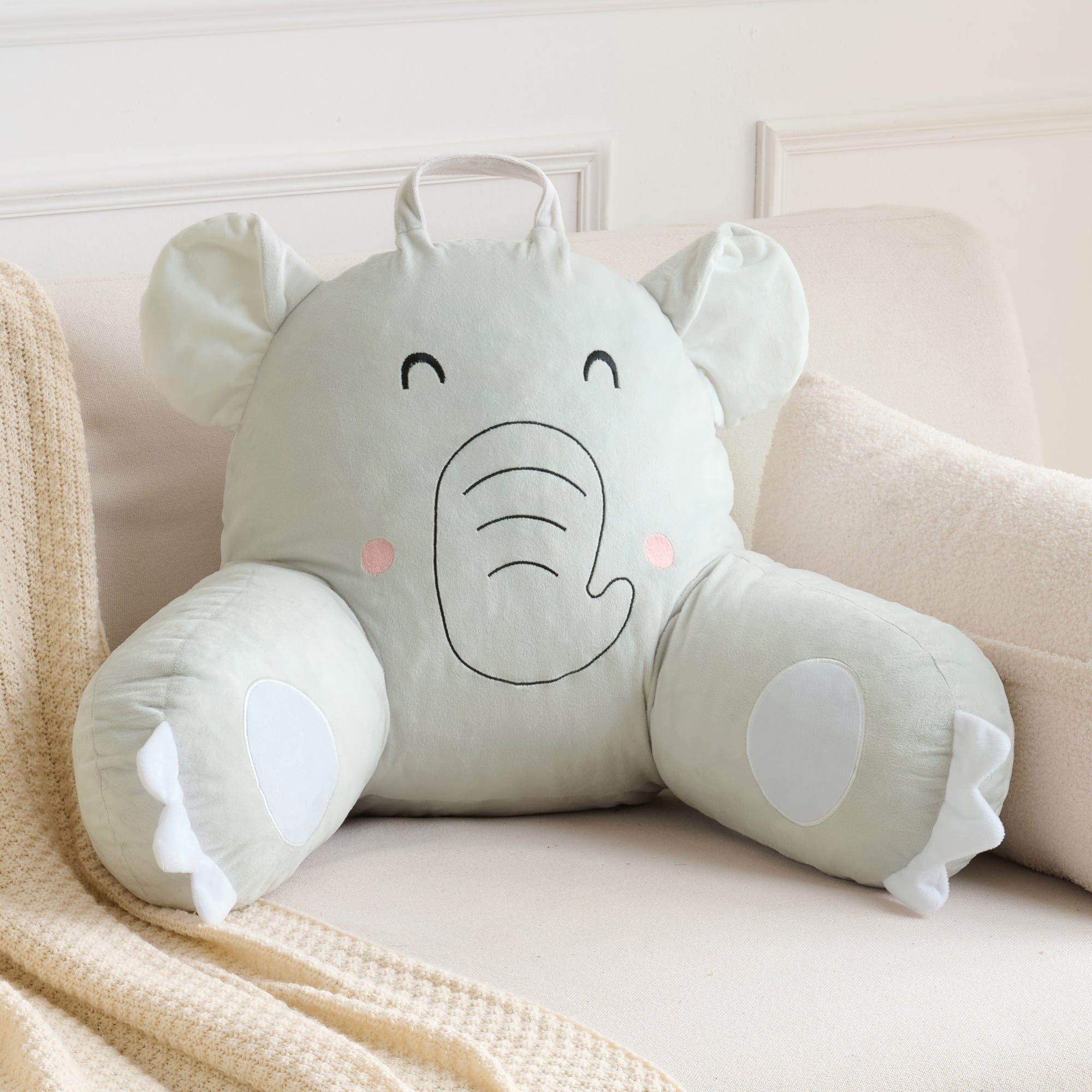 Elephant Reading Pillow for Kids & Teens with Shredded Memory Foam – Soft Velvet Lounger with Fun Character Designs, Removable Washable Cover & Built-in Handle for Reading, Relaxing & Screen Time