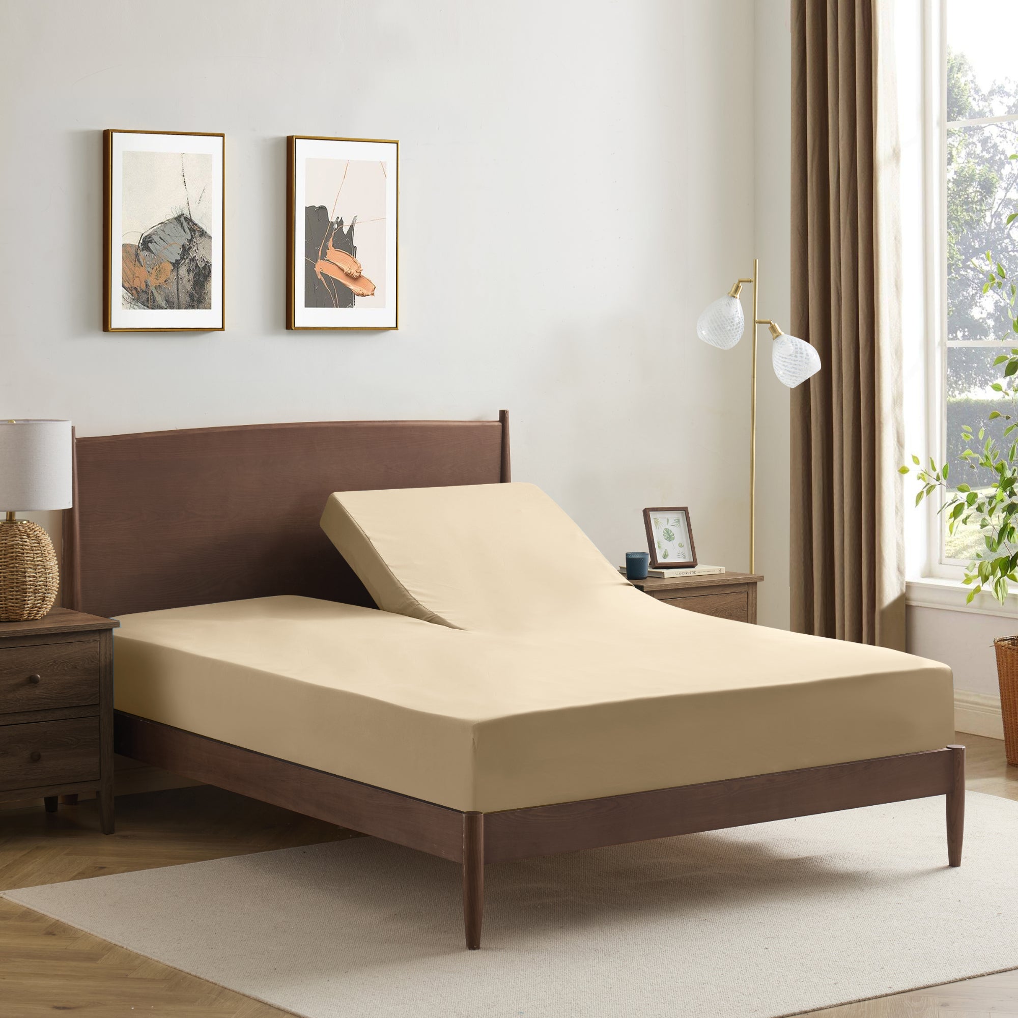 Split Head King Sheets Set for Adjustable Beds 4 Piece Flex Top Bed Sheets – Deep Pocket Split Top Fitted Sheet with Built-In Corner Straps, Luxury Soft Cooling Bedding, Wrinkle Resistant, Beige