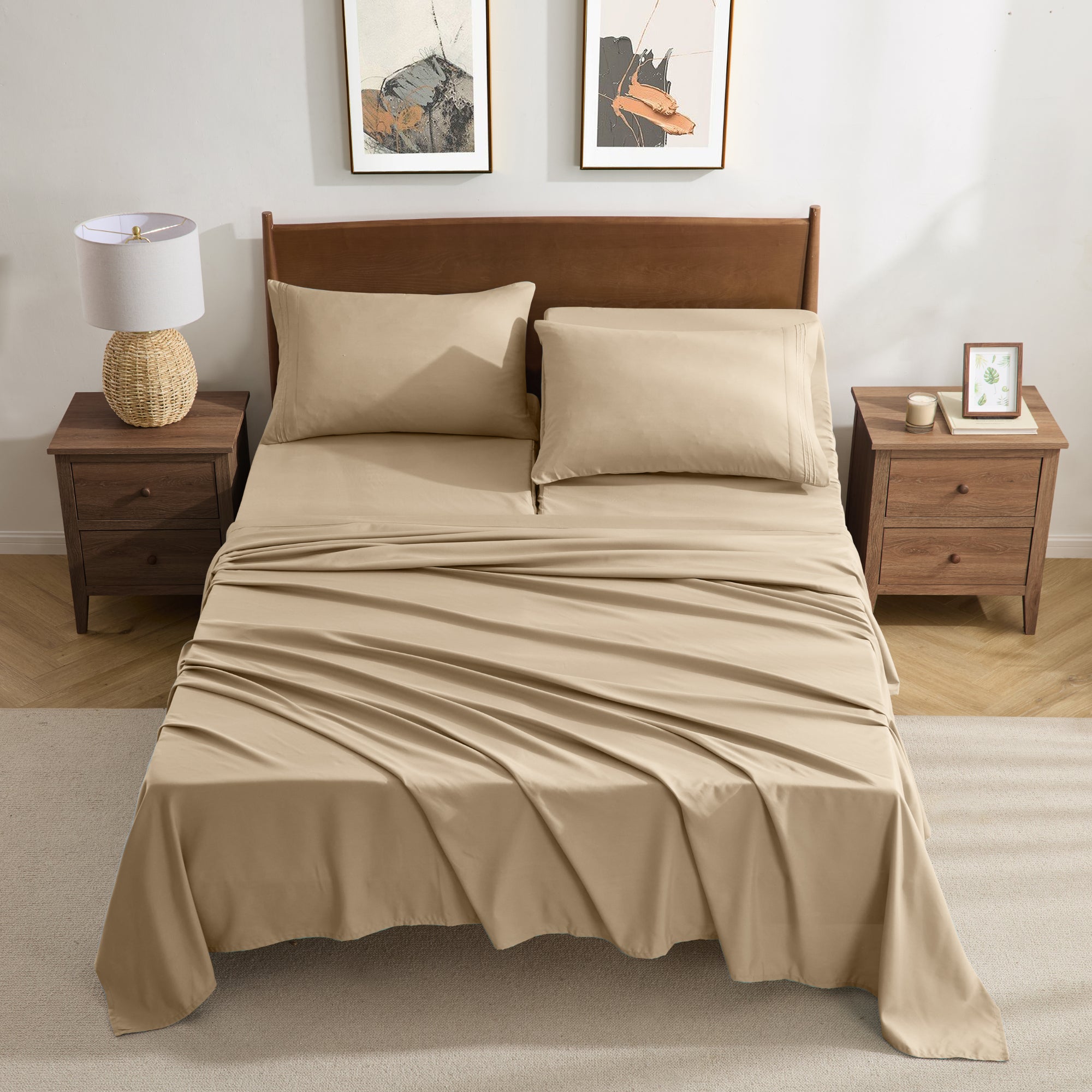 Split Head King Sheets Set for Adjustable Beds 4 Piece Flex Top Bed Sheets – Deep Pocket Split Top Fitted Sheet with Built-In Corner Straps, Luxury Soft Cooling Bedding, Wrinkle Resistant, Beige