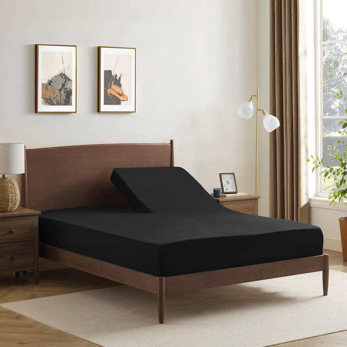 Split Head King Sheets Set for Adjustable Beds 4 Piece Flex Top Bed Sheets – Deep Pocket Split Top Fitted Sheet with Built-In Corner Straps, Luxury Soft Cooling Bedding, Wrinkle Resistant, Black