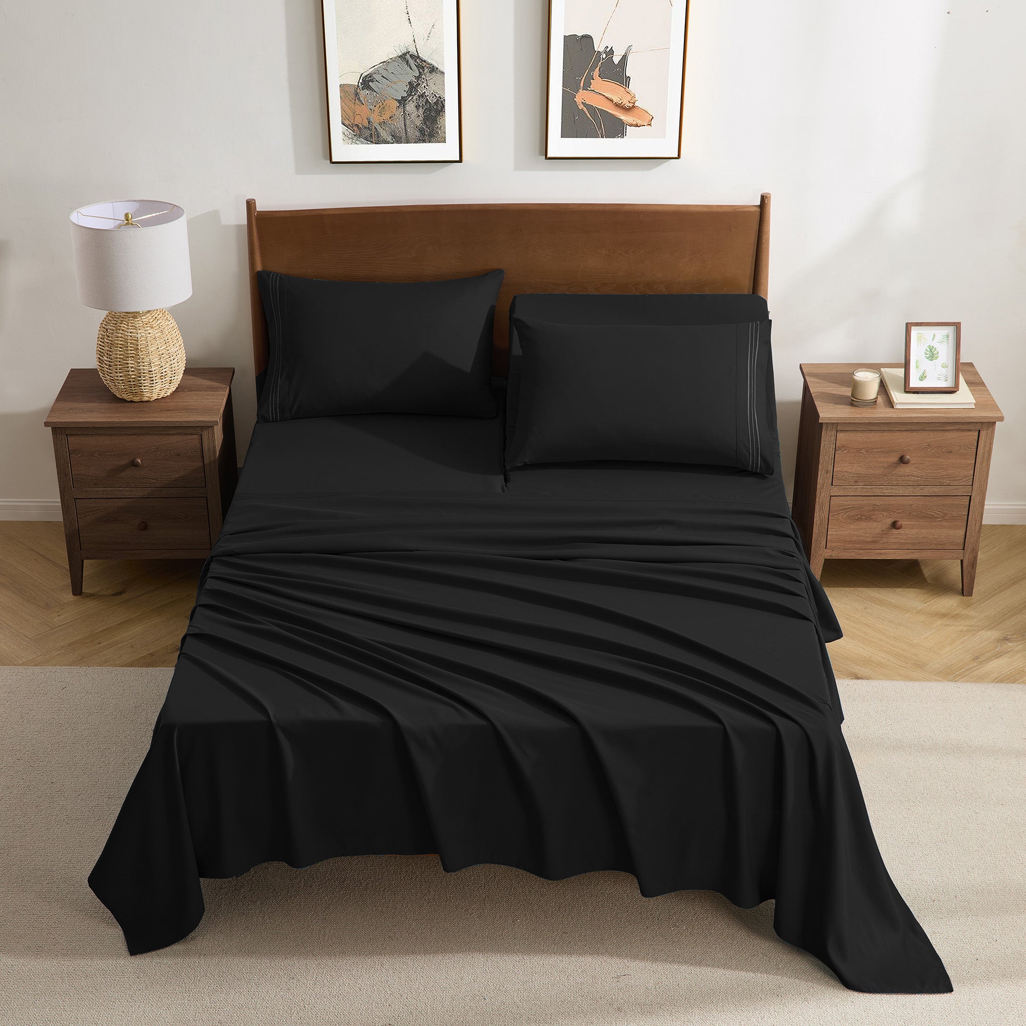 Split Head King Sheets Set for Adjustable Beds 4 Piece Flex Top Bed Sheets – Deep Pocket Split Top Fitted Sheet with Built-In Corner Straps, Luxury Soft Cooling Bedding, Wrinkle Resistant, Black