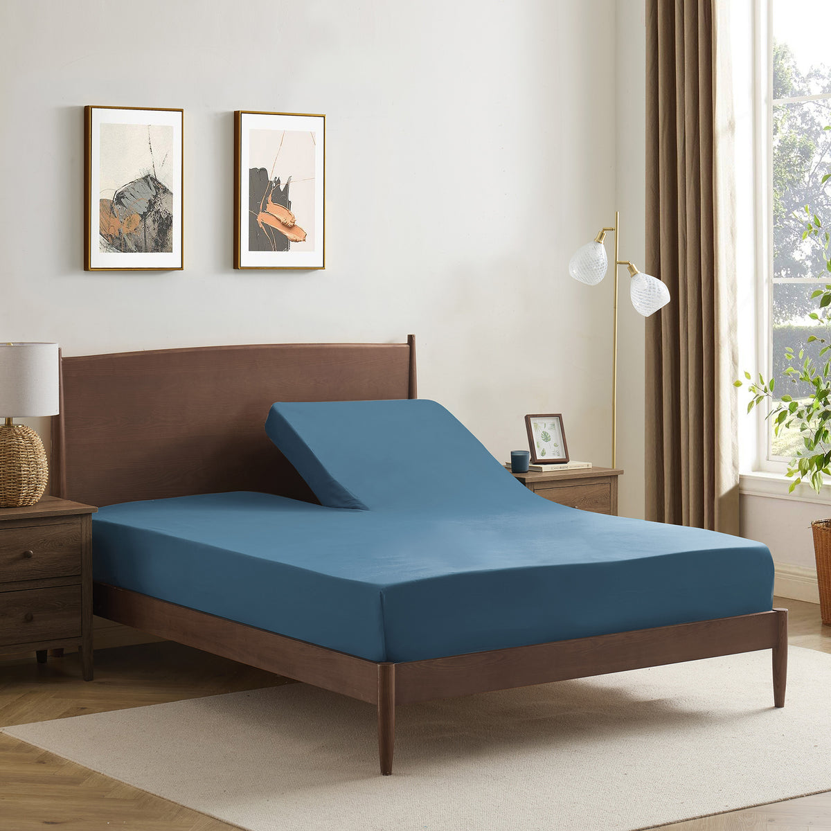 Split Head King Sheets Set for Adjustable Beds 4 Piece Flex Top Bed Sheets – Deep Pocket Split Top Fitted Sheet with Built-In Corner Straps, Luxury Soft Cooling Bedding, Wrinkle Resistant, Denim