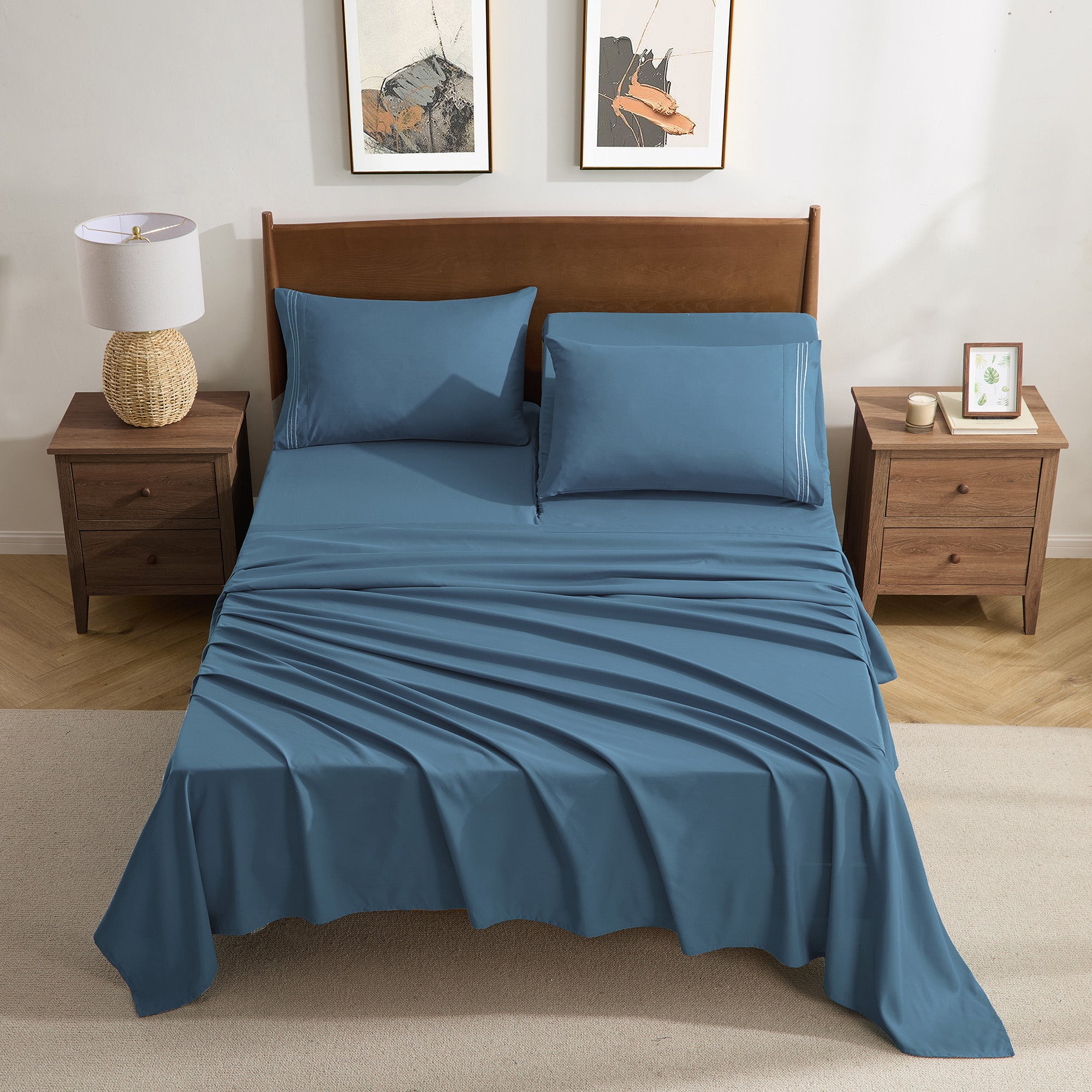 Split Head King Sheets Set for Adjustable Beds 4 Piece Flex Top Bed Sheets – Deep Pocket Split Top Fitted Sheet with Built-In Corner Straps, Luxury Soft Cooling Bedding, Wrinkle Resistant, Denim