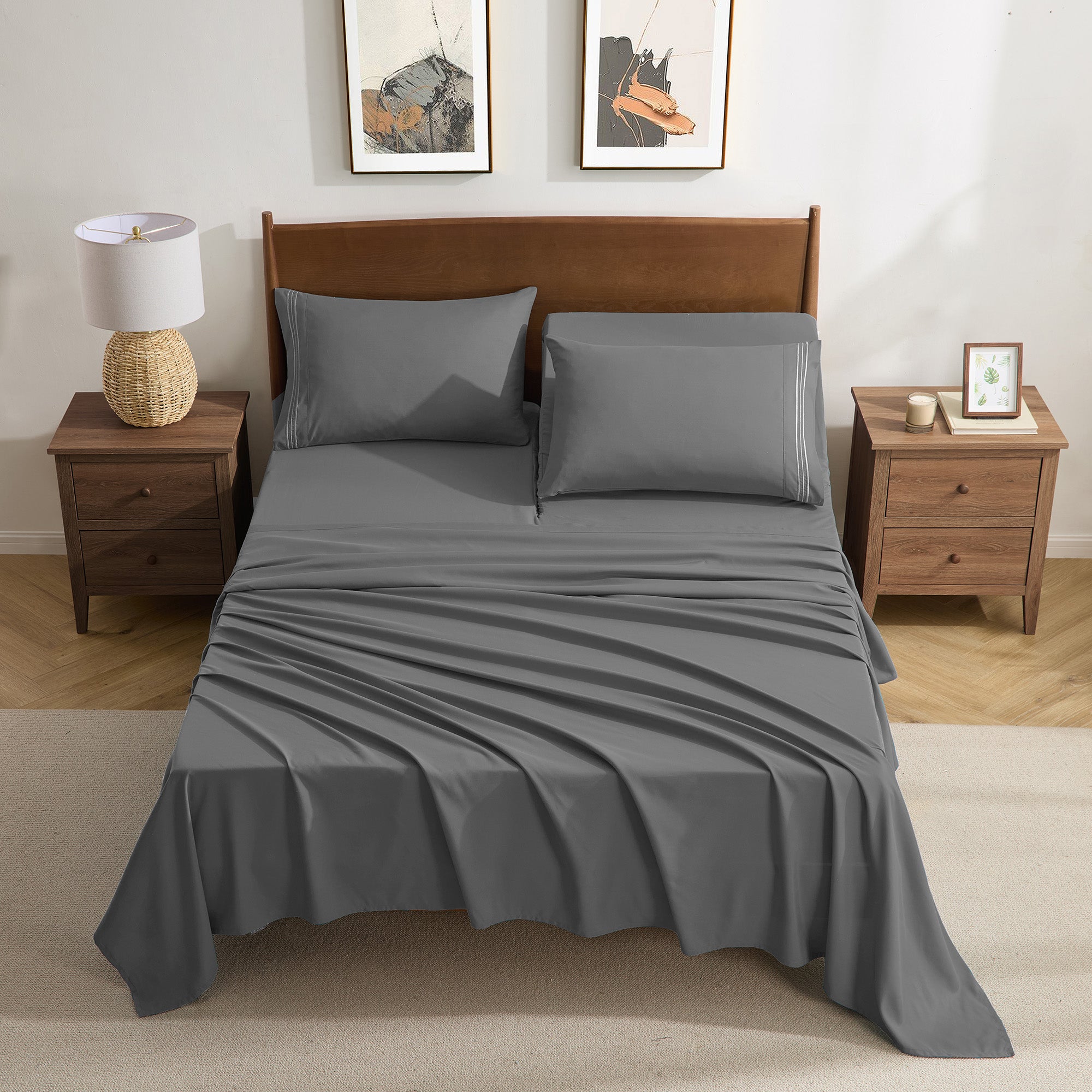 Split Head King Sheets Set for Adjustable Beds 4 Piece Flex Top Bed Sheets – Deep Pocket Split Top Fitted Sheet with Built-In Corner Straps, Luxury Soft Cooling Bedding, Wrinkle Resistant, Gray