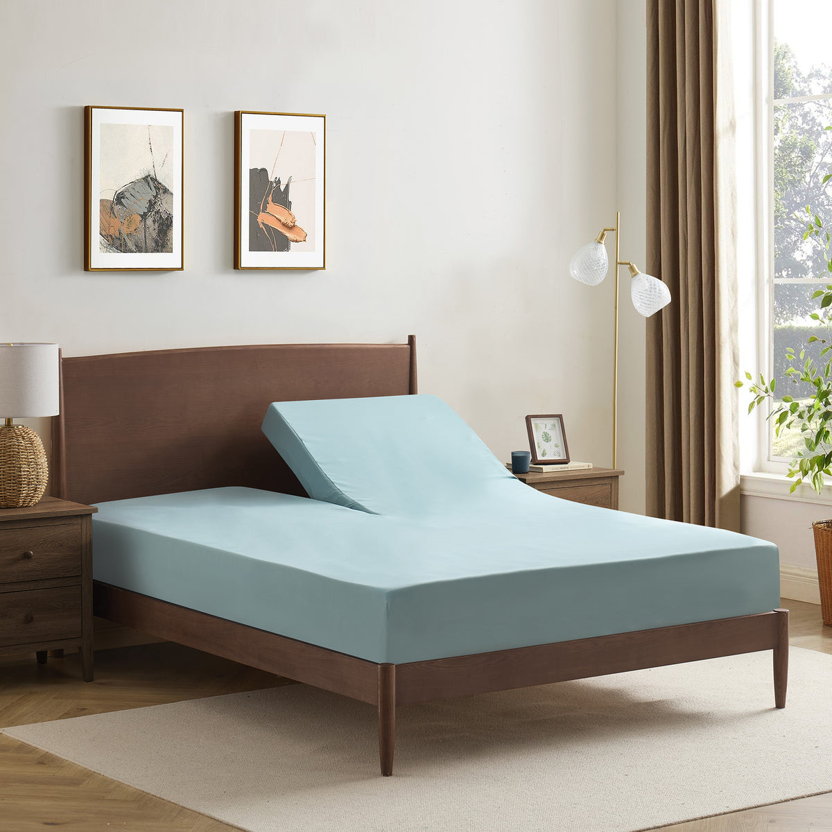 Split Head King Sheets Set for Adjustable Beds 4 Piece Flex Top Bed Sheets – Deep Pocket Split Top Fitted Sheet with Built-In Corner Straps, Luxury Soft Cooling Bedding, Wrinkle Resistant, Misty Blue