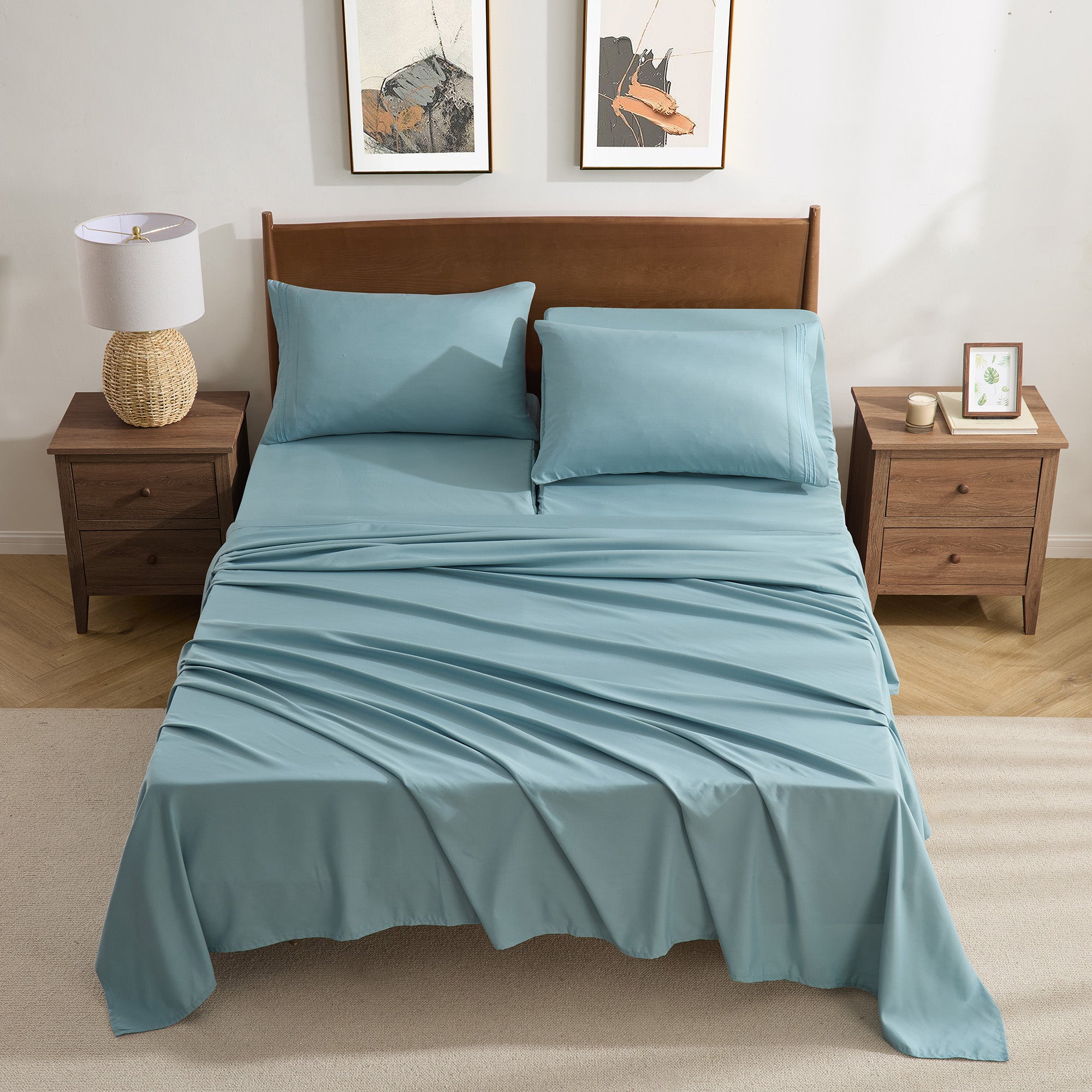 Split Head King Sheets Set for Adjustable Beds 4 Piece Flex Top Bed Sheets – Deep Pocket Split Top Fitted Sheet with Built-In Corner Straps, Luxury Soft Cooling Bedding, Wrinkle Resistant, Misty Blue
