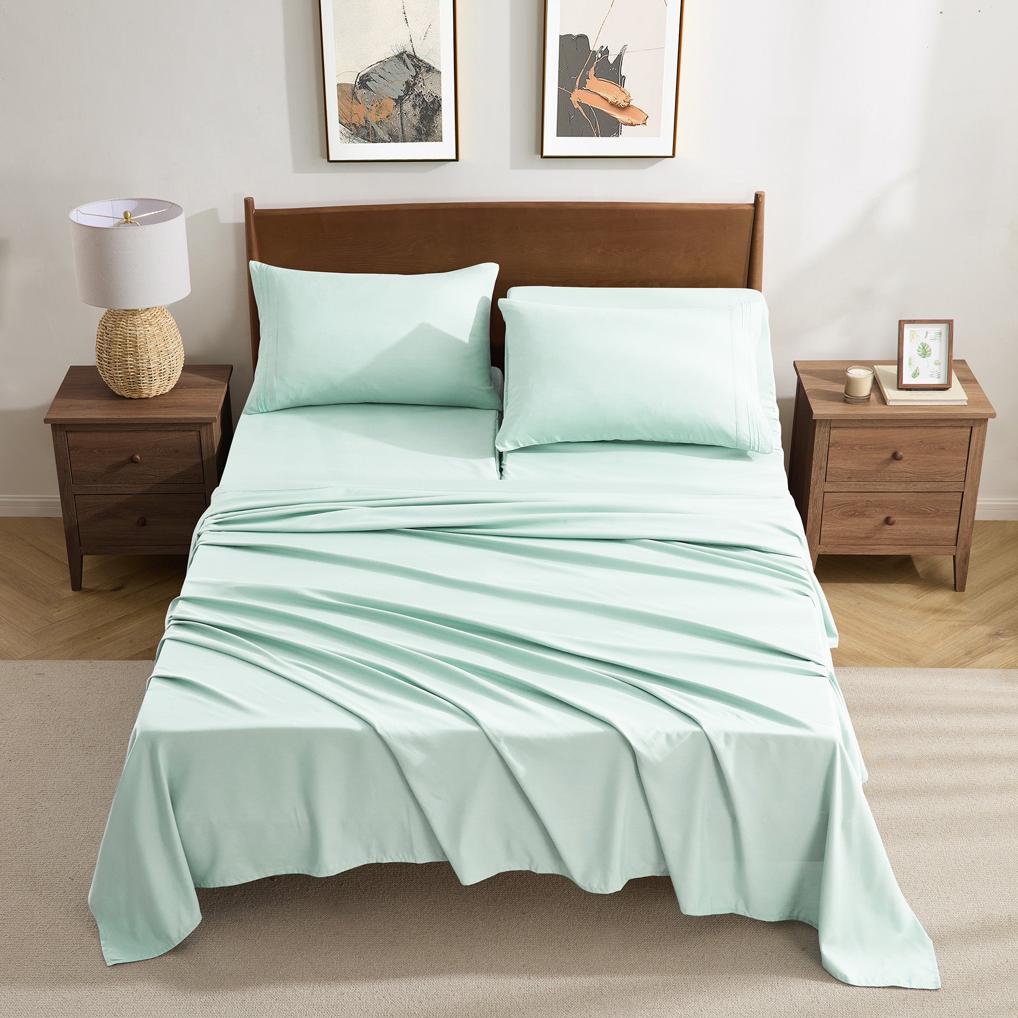 Split Head King Sheets Set for Adjustable Beds 4 Piece Flex Top Bed Sheets – Deep Pocket Split Top Fitted Sheet with Built-In Corner Straps, Luxury Soft Cooling Bedding, Wrinkle Resistant, Mint