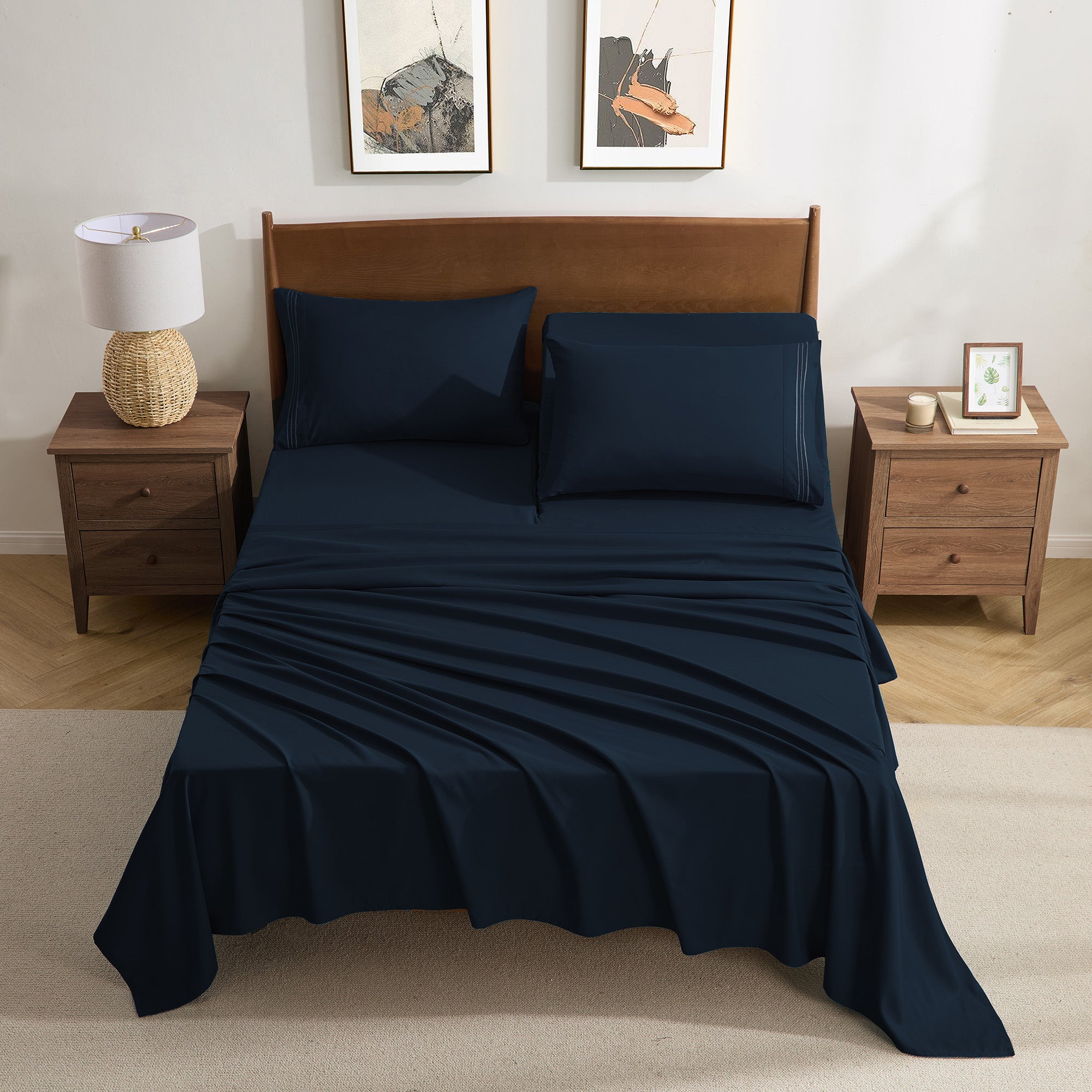 Split Head King Sheets Set for Adjustable Beds 4 Piece Flex Top Bed Sheets – Deep Pocket Split Top Fitted Sheet with Built-In Corner Straps, Luxury Soft Cooling Bedding, Wrinkle Resistant, Navy