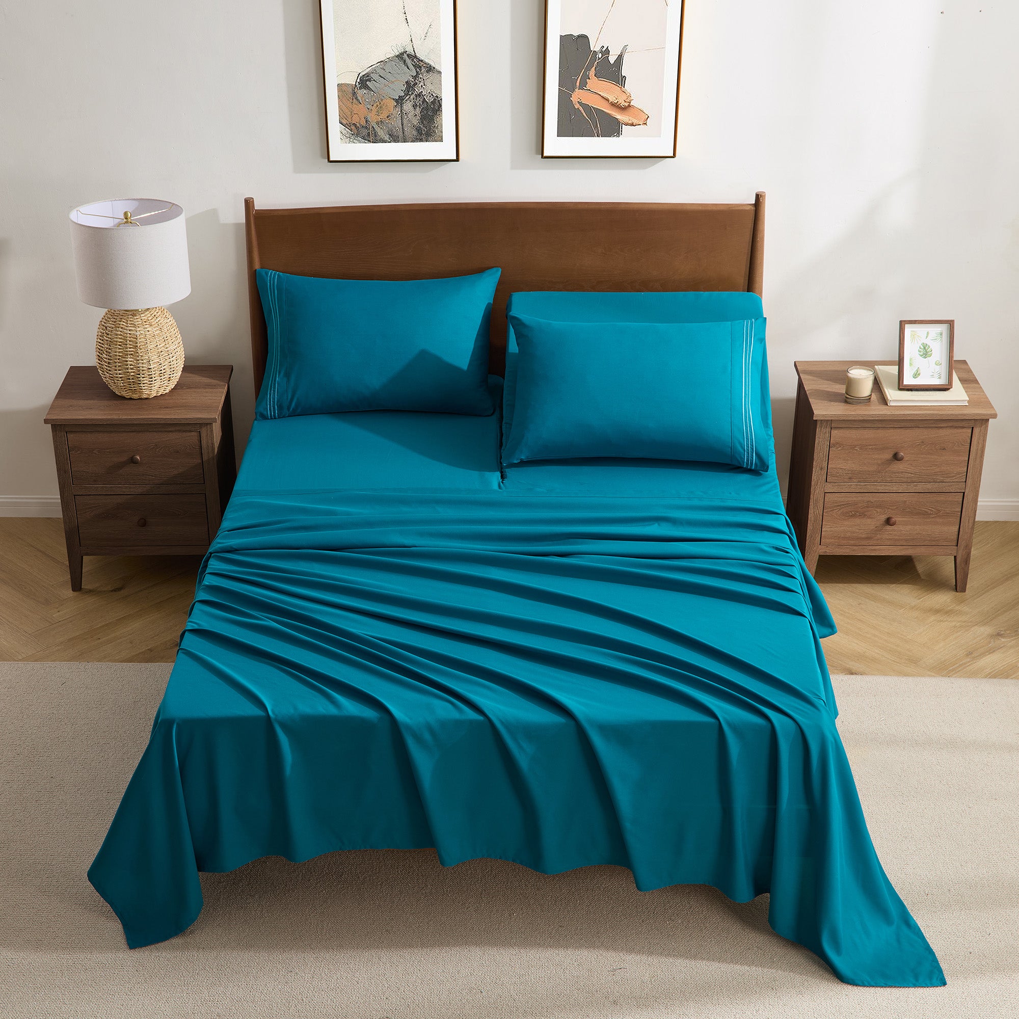 Split Head King Sheets Set for Adjustable Beds 4 Piece Flex Top Bed Sheets – Deep Pocket Split Top Fitted Sheet with Built-In Corner Straps, Luxury Soft Cooling Bedding, Wrinkle Resistant, Teal