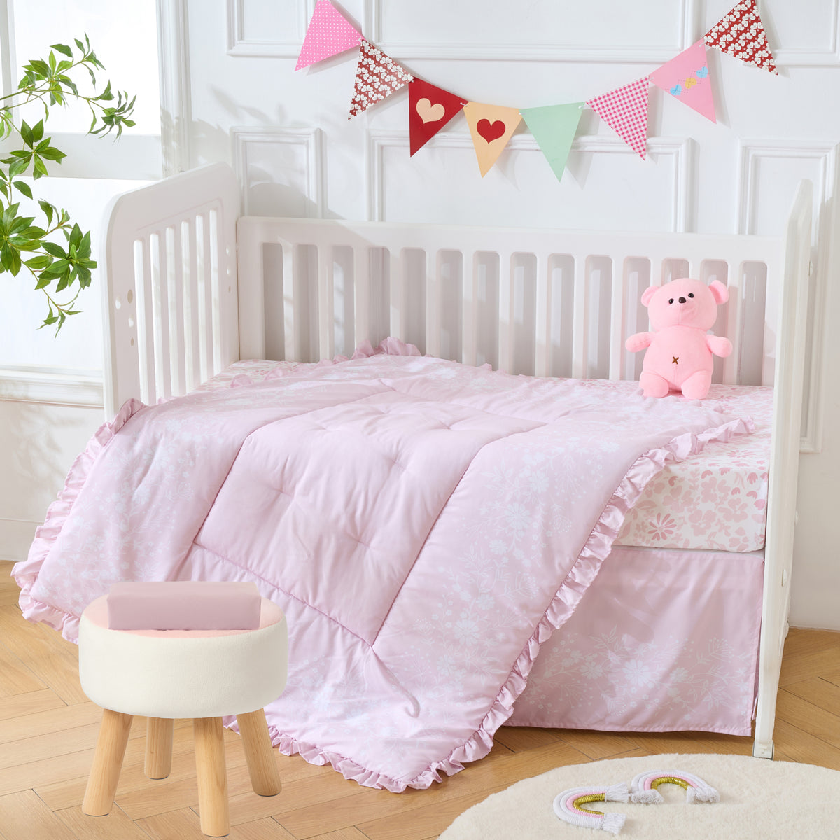 4-Piece Baby Crib Bedding Set, 100% Ultra Soft Microfiber - Hand Draw Floral