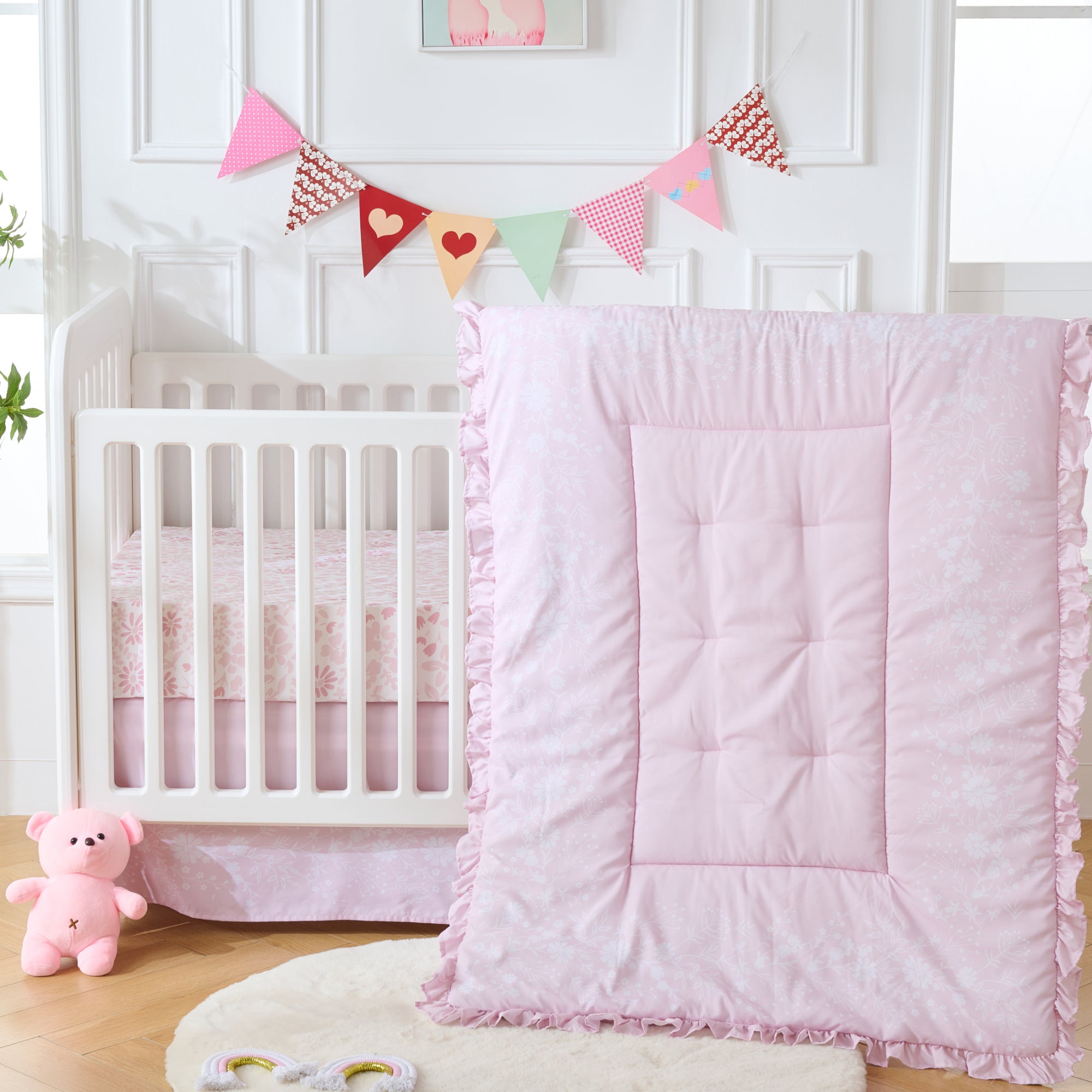 4-Piece Baby Crib Bedding Set, 100% Ultra Soft Microfiber - Hand Draw Floral
