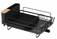 Dish Drying Rack Countertop Expandable Dish Drainer — Up to 26.7" Telescoping Extending Drying Station Organizer with Drainboard & Removable Utensil Holder — Dish, Silverware & Cup Storage, Black
