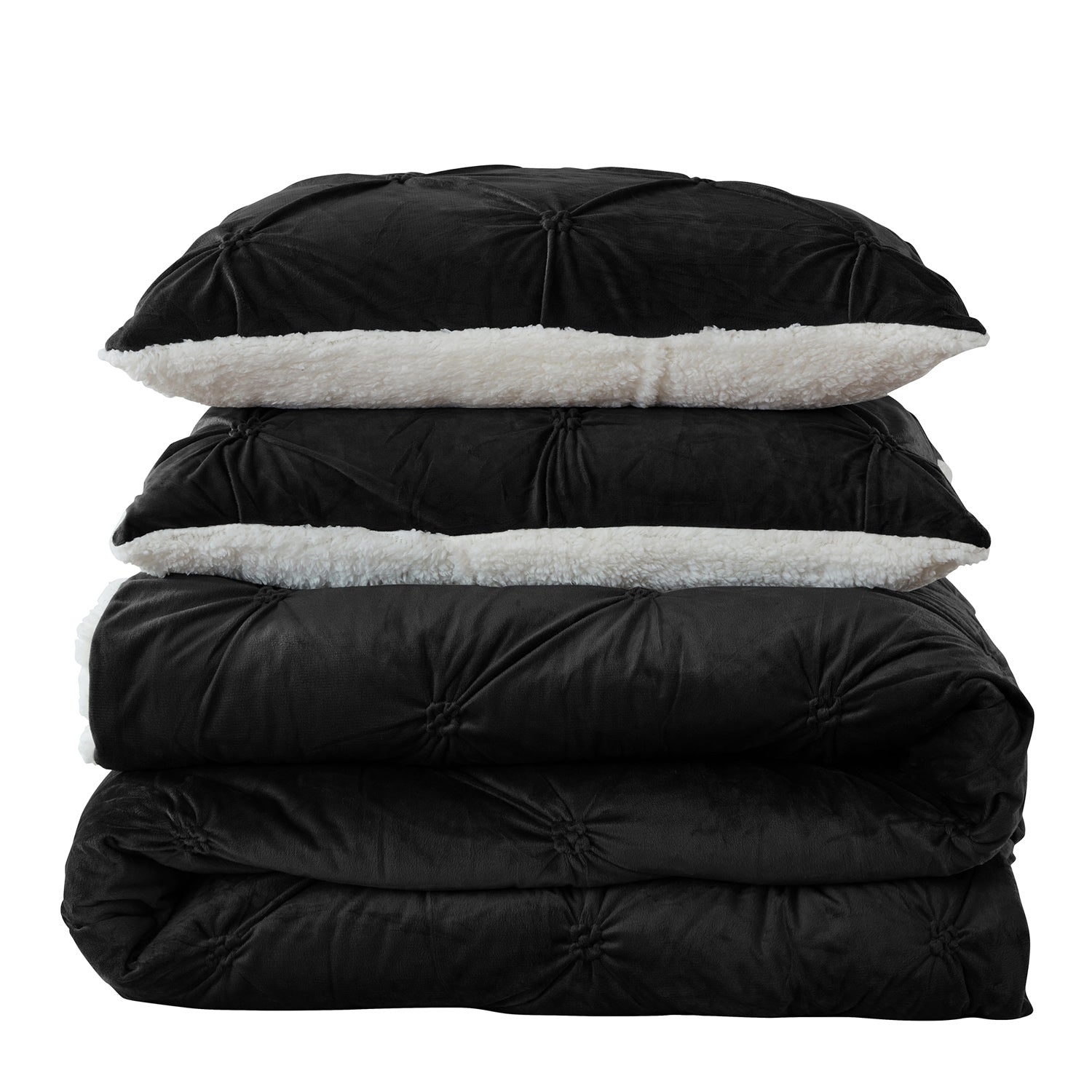 Pintuck Sherpa 3-Piece Comforter Set Black - Folded