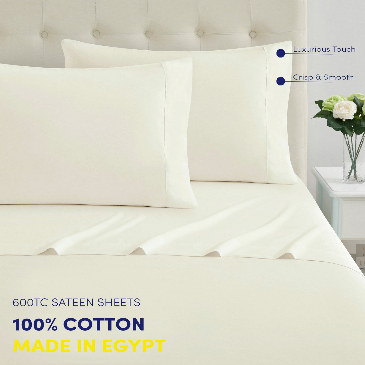 600Tc Made In Egypt Sateen Cotton Bed Sheet Set Ivory Front