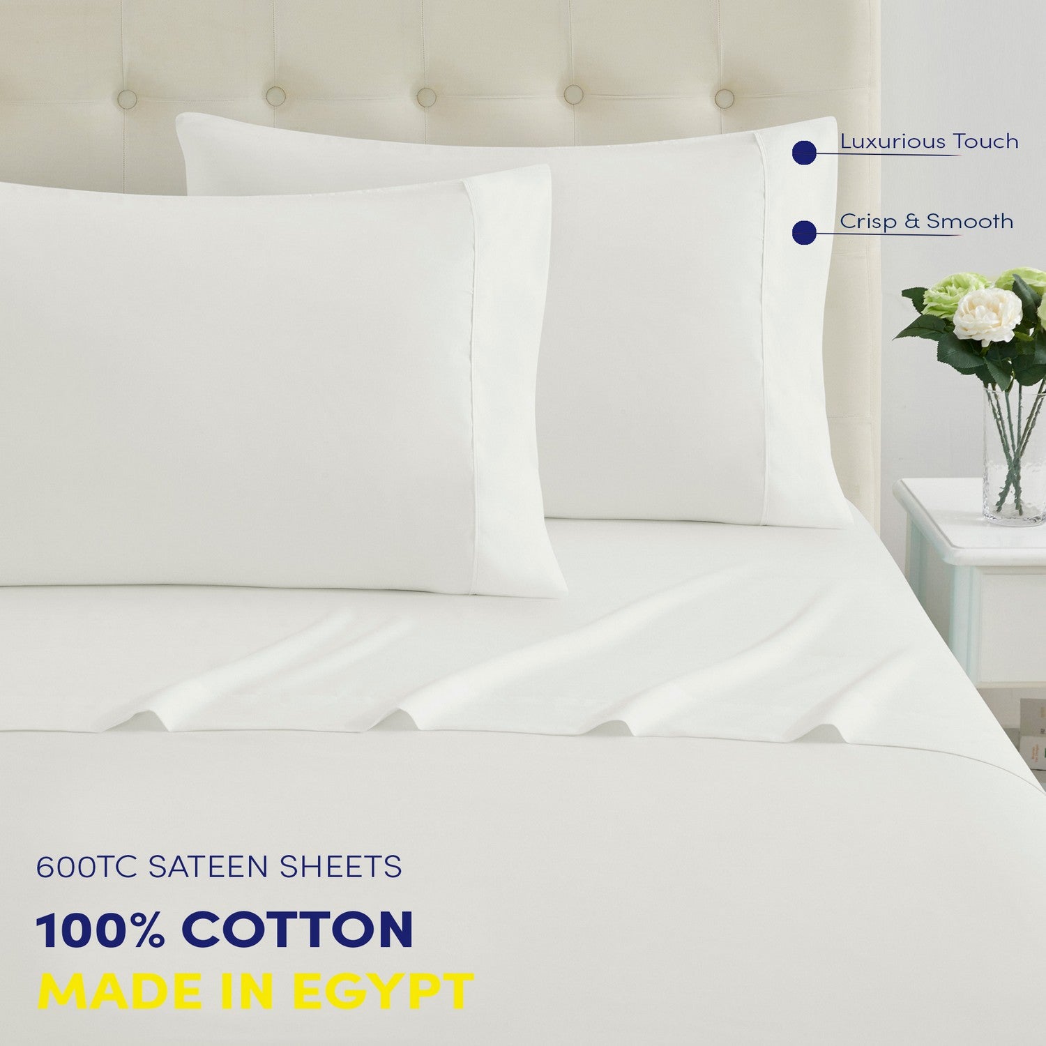 600Tc Made In Egypt Sateen Cotton Bed Sheet Set White Front
