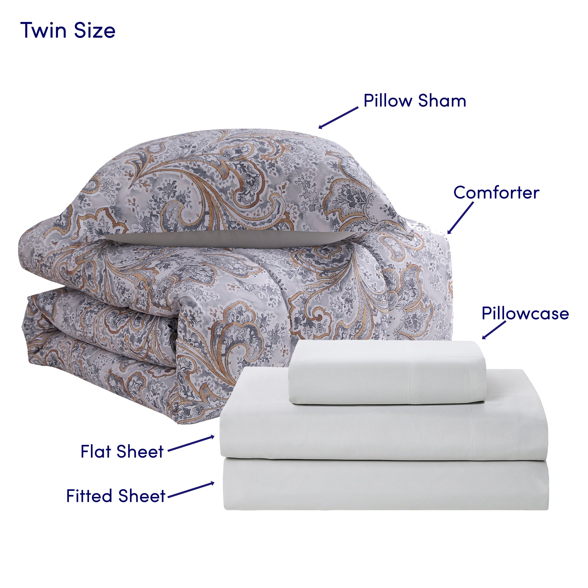 Watercolor Paisley Printed Grey Bed In a Bag Set