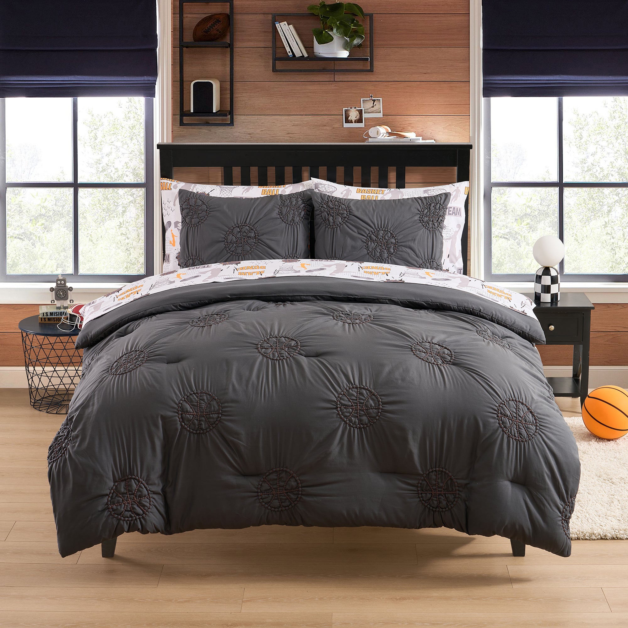 Kids' Pintuck Basketball Bed In a Bag Comforter & Printed Sheet Set