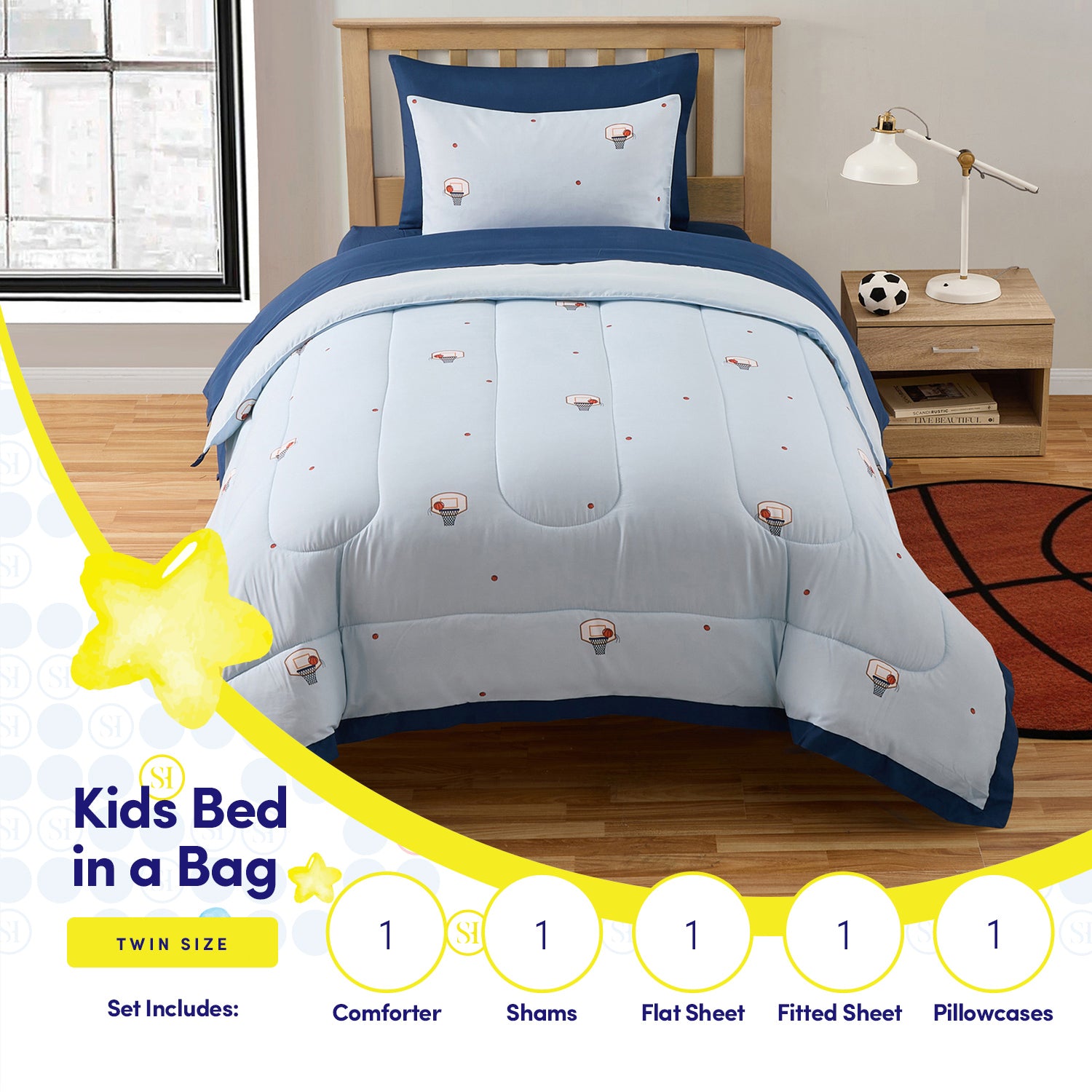 Kids Basketball Printed Bed in a Bag Comforter & Sheet Set