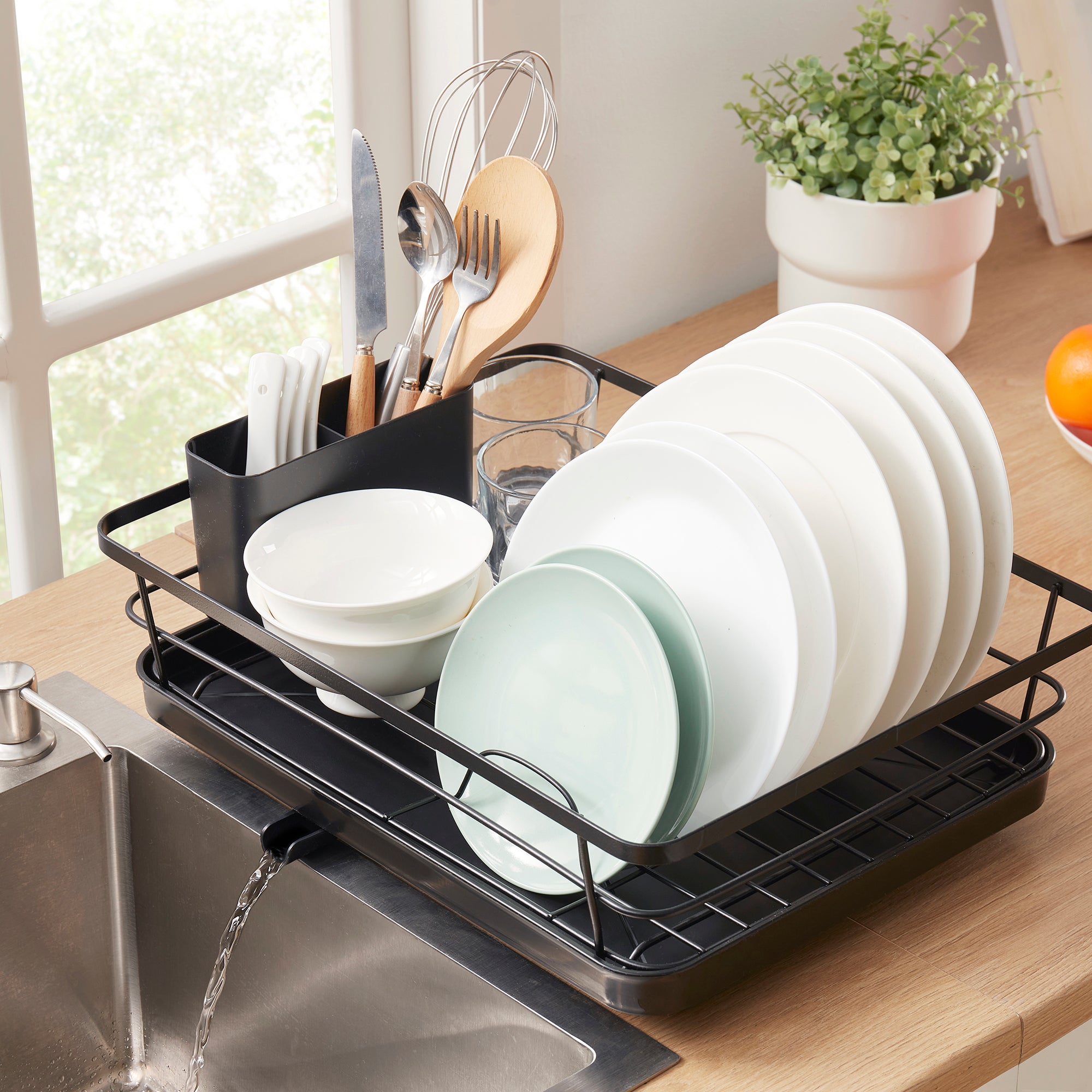 3-Piece Multi-Functional Dish Drying Rack with Drain Board & Utensil H ...