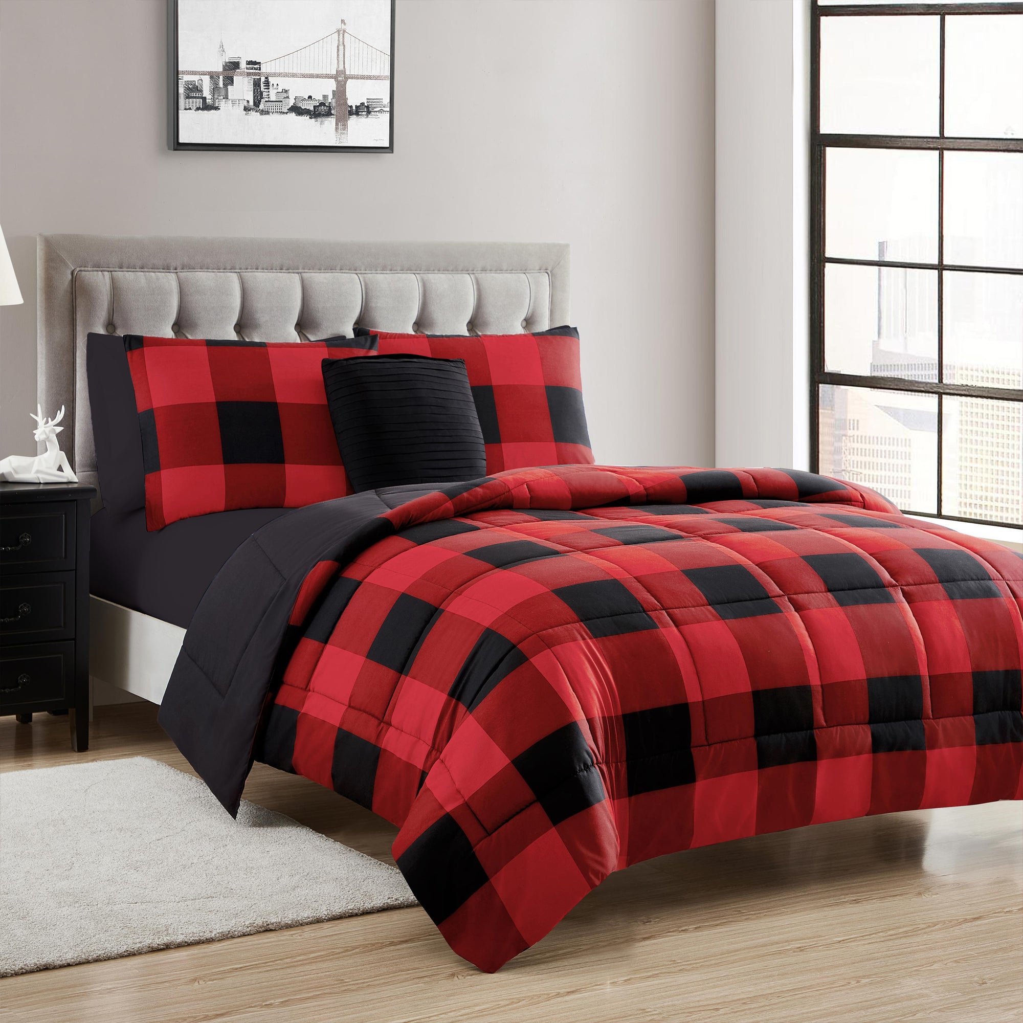 8 Piece Buffalo Plaid Check Bed in a Bag Comforter and Black Sheet Set