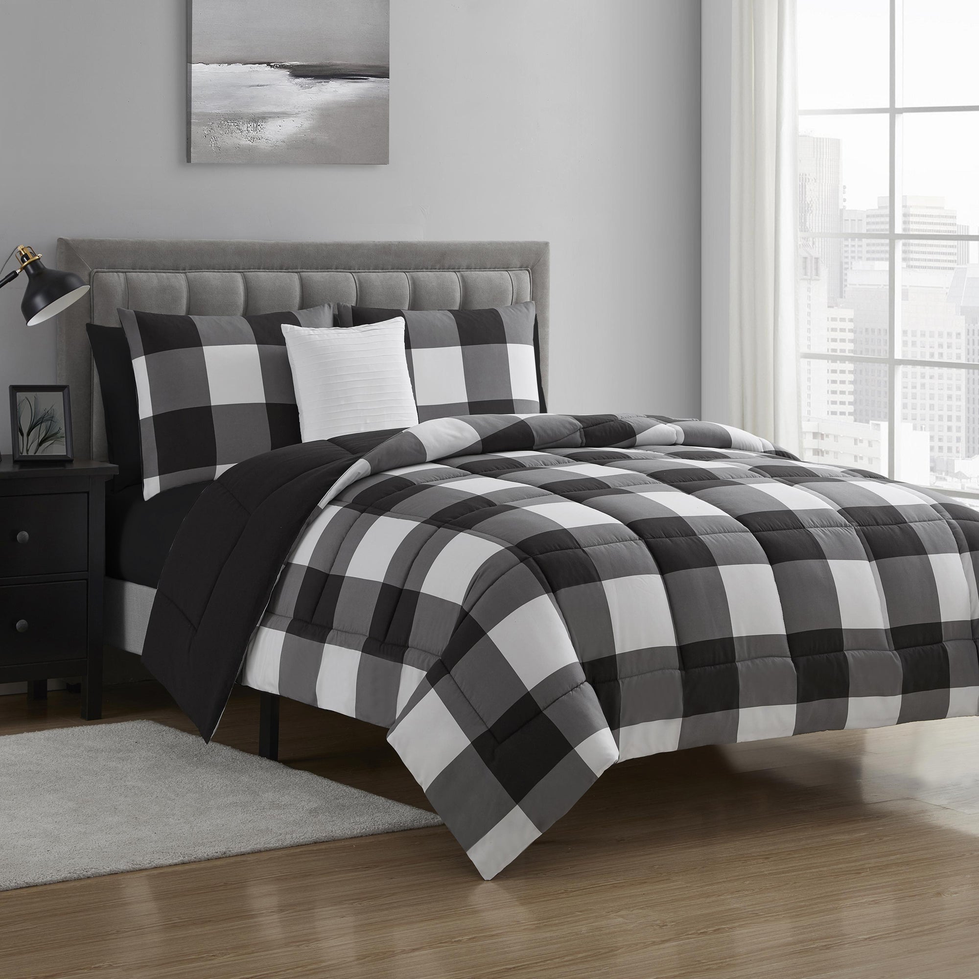 8 Piece Buffalo Plaid Check Bed in a Bag Comforter and Black Sheet Set