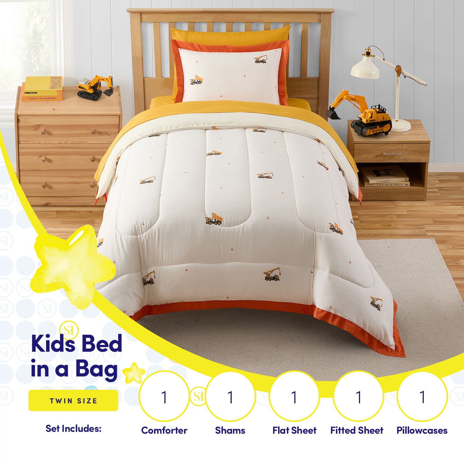 Kids Construction Printed Bed in a Bag Comforter & Sheet Set